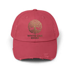 White Oak Distressed Cap — Rustic Gold Tree Logo Baseball Hat