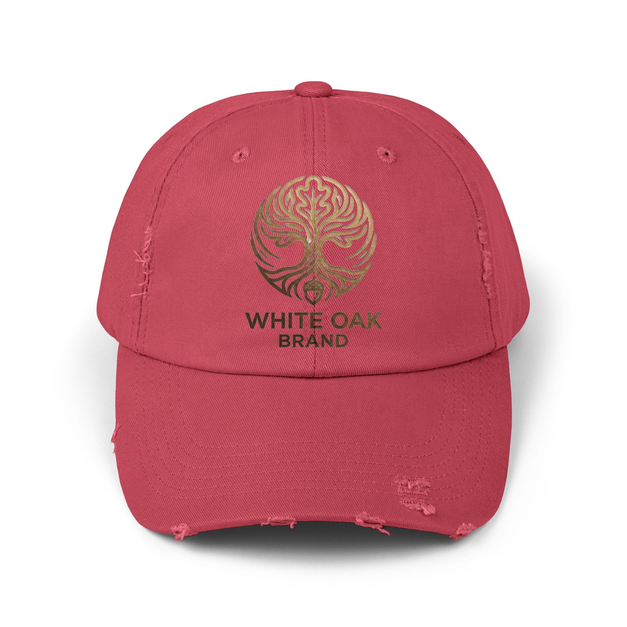 White Oak Distressed Cap — Rustic Gold Tree Logo Baseball Hat