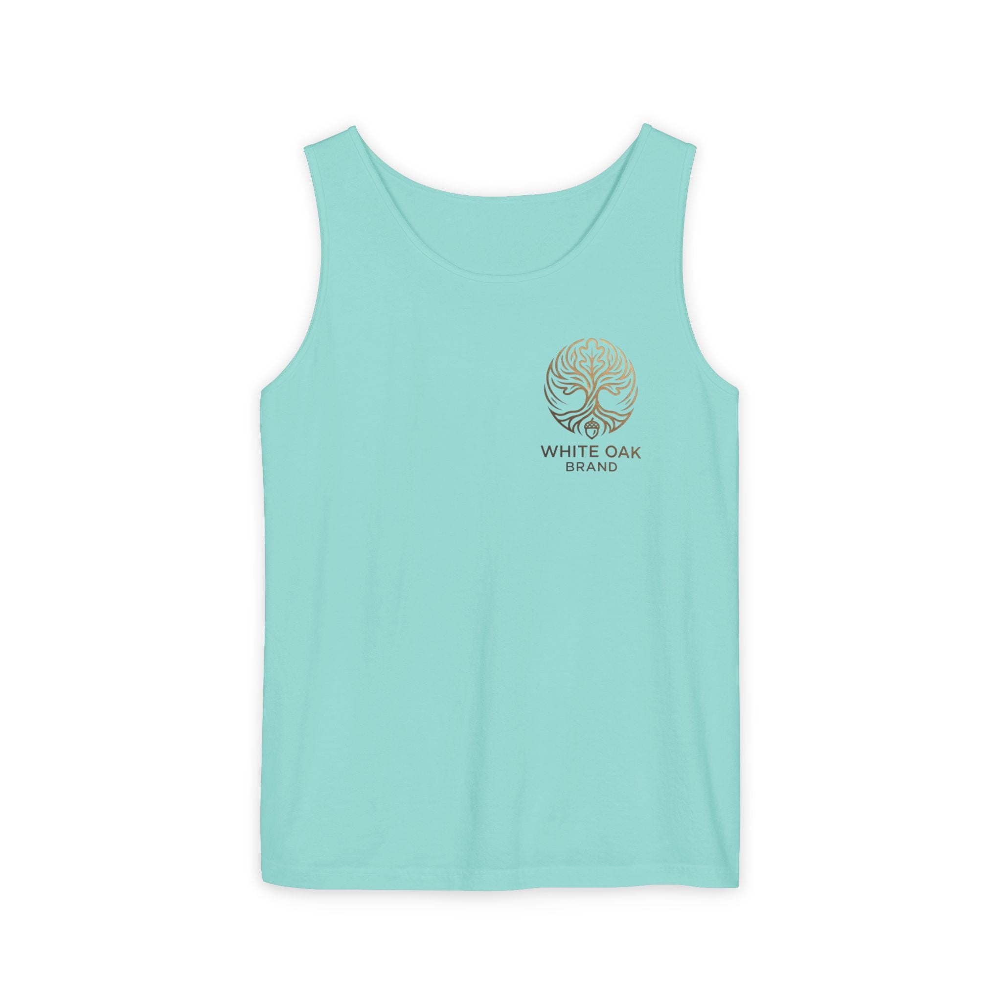 White Oak Brand Tank Top — Minimal Tree Logo Chest Print