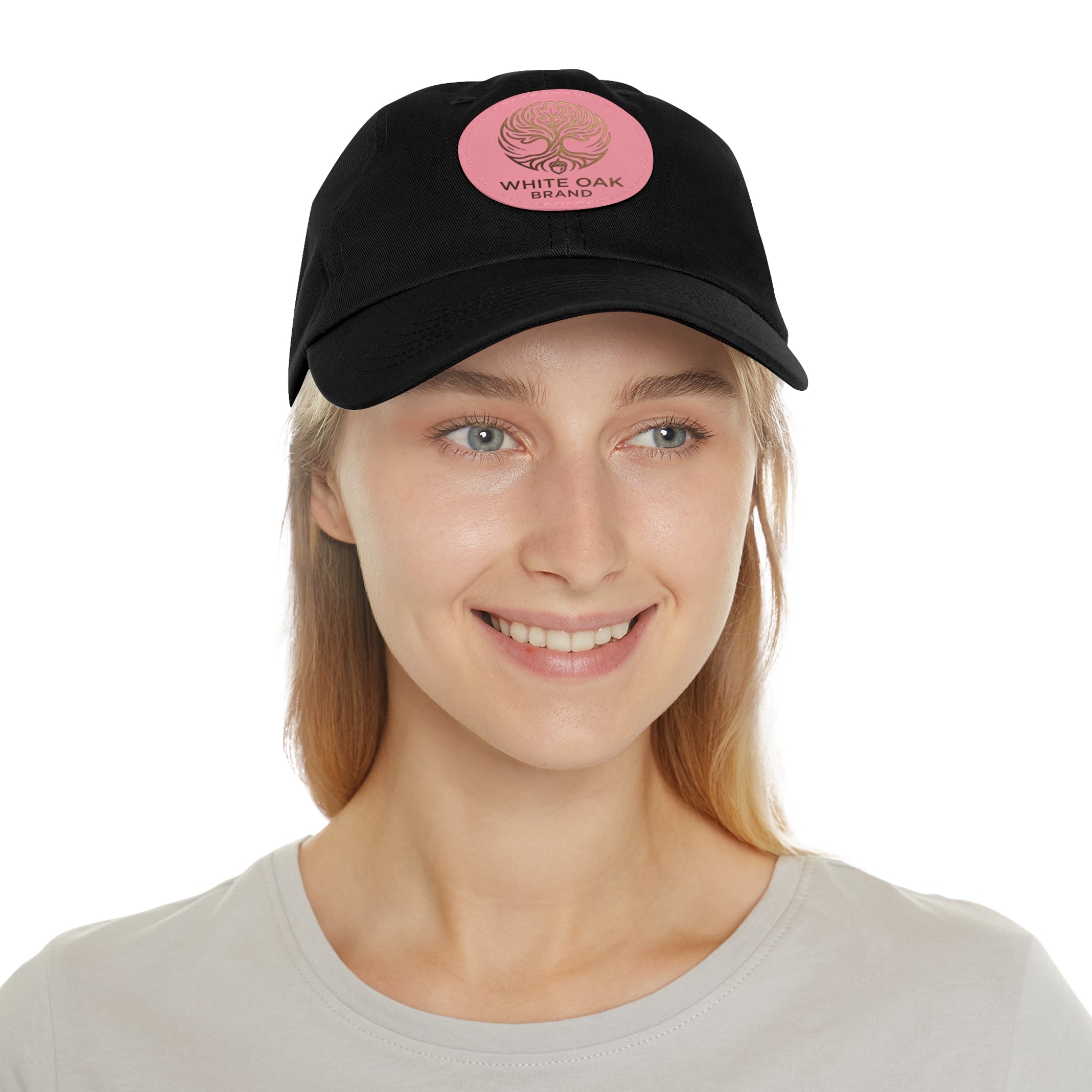 White Oak Leather Patch Dad Hat — Embossed Tree Logo Cap