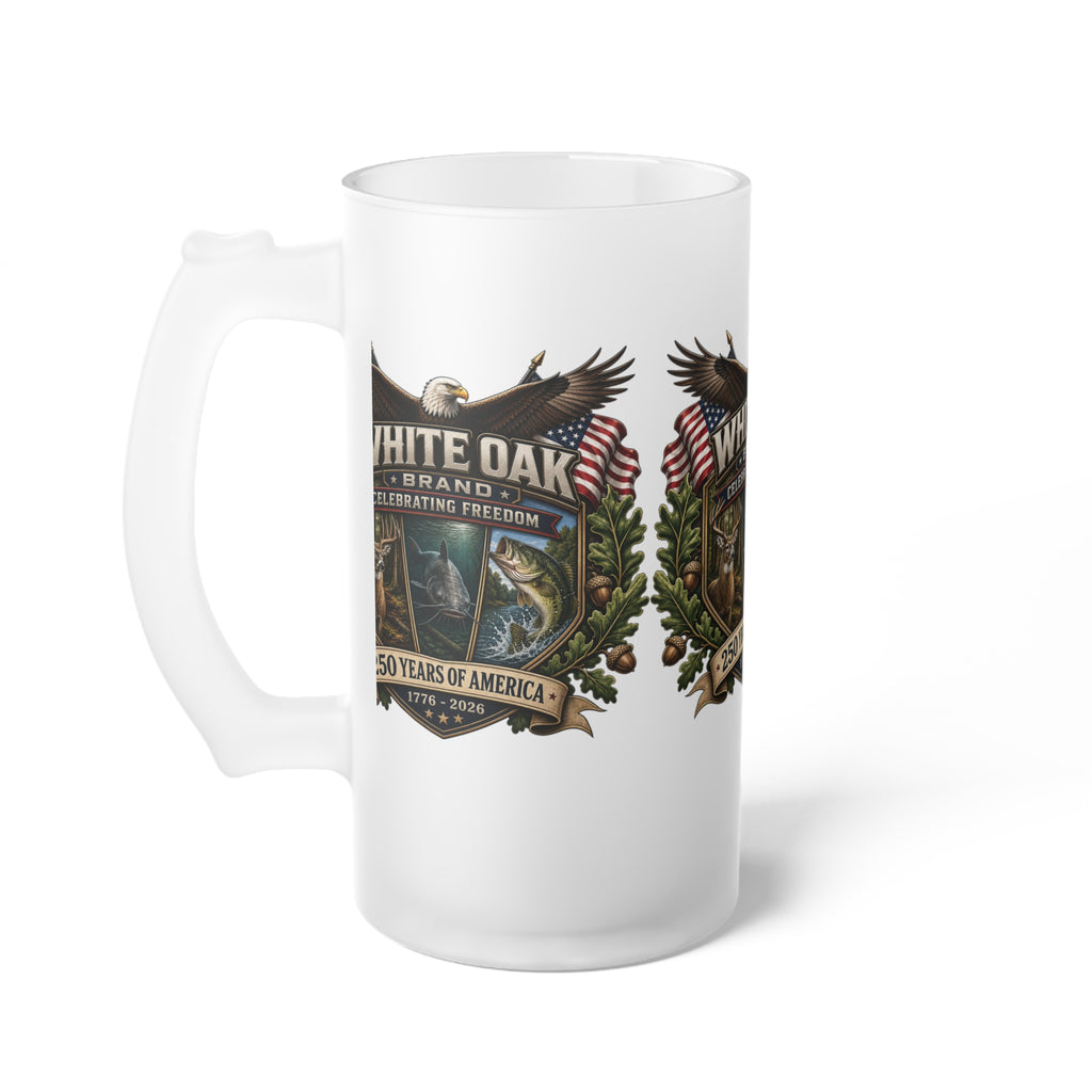 Frosted Glass Beer Mug — White Oak 250 Years of America Patriotic Eagle Design