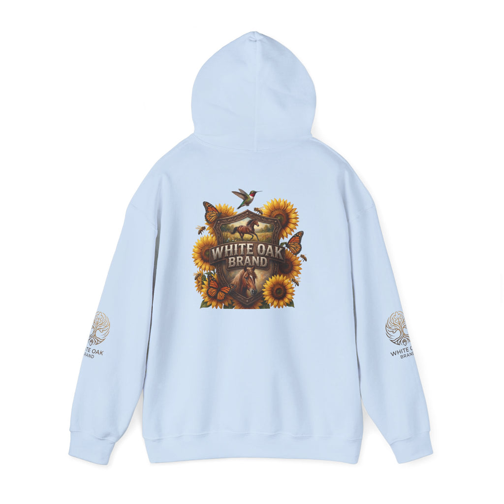 White Oak Brand Hoodie — Sunflowers, Fox & Rustic Nature Graphic