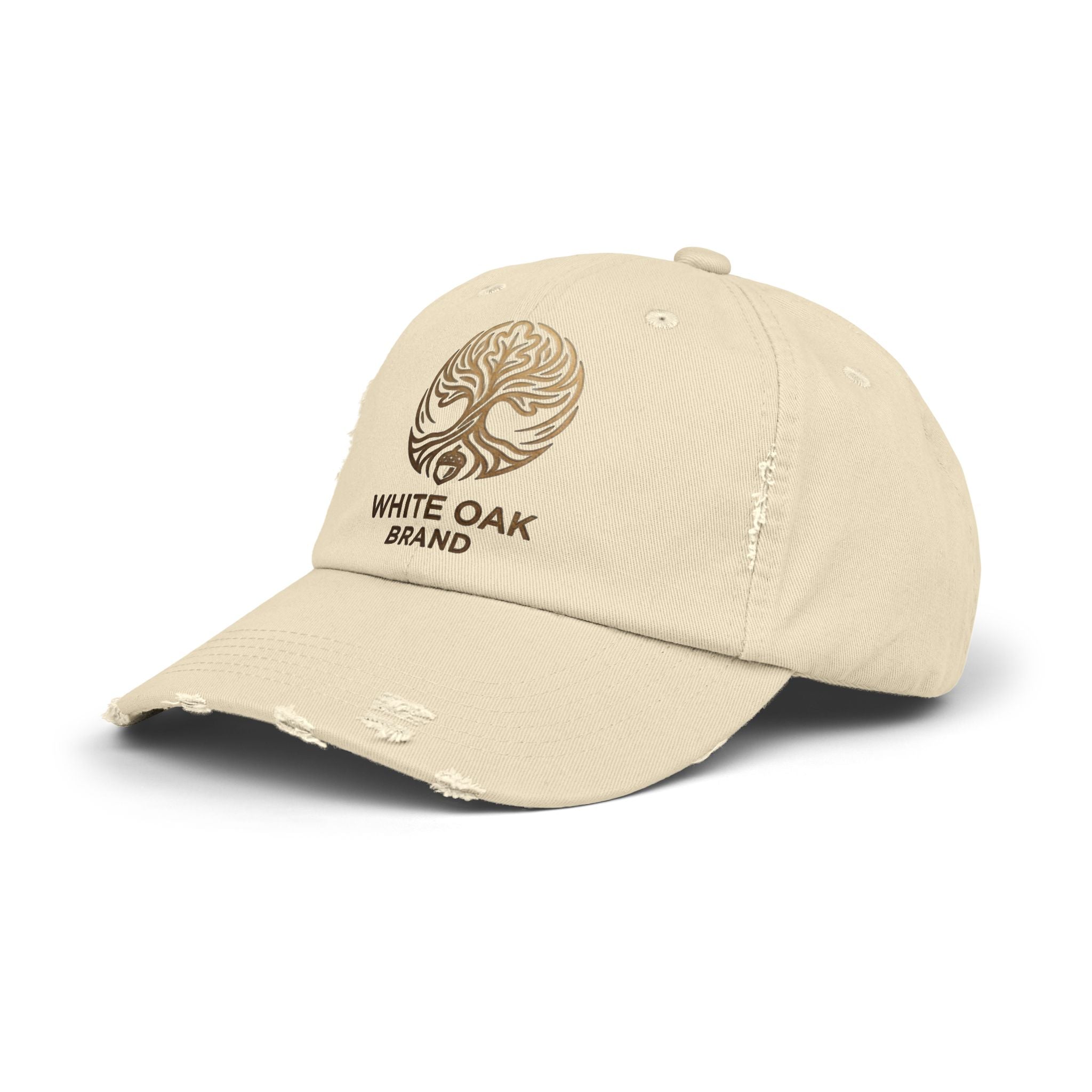 White Oak Distressed Cap — Rustic Gold Tree Logo Baseball Hat