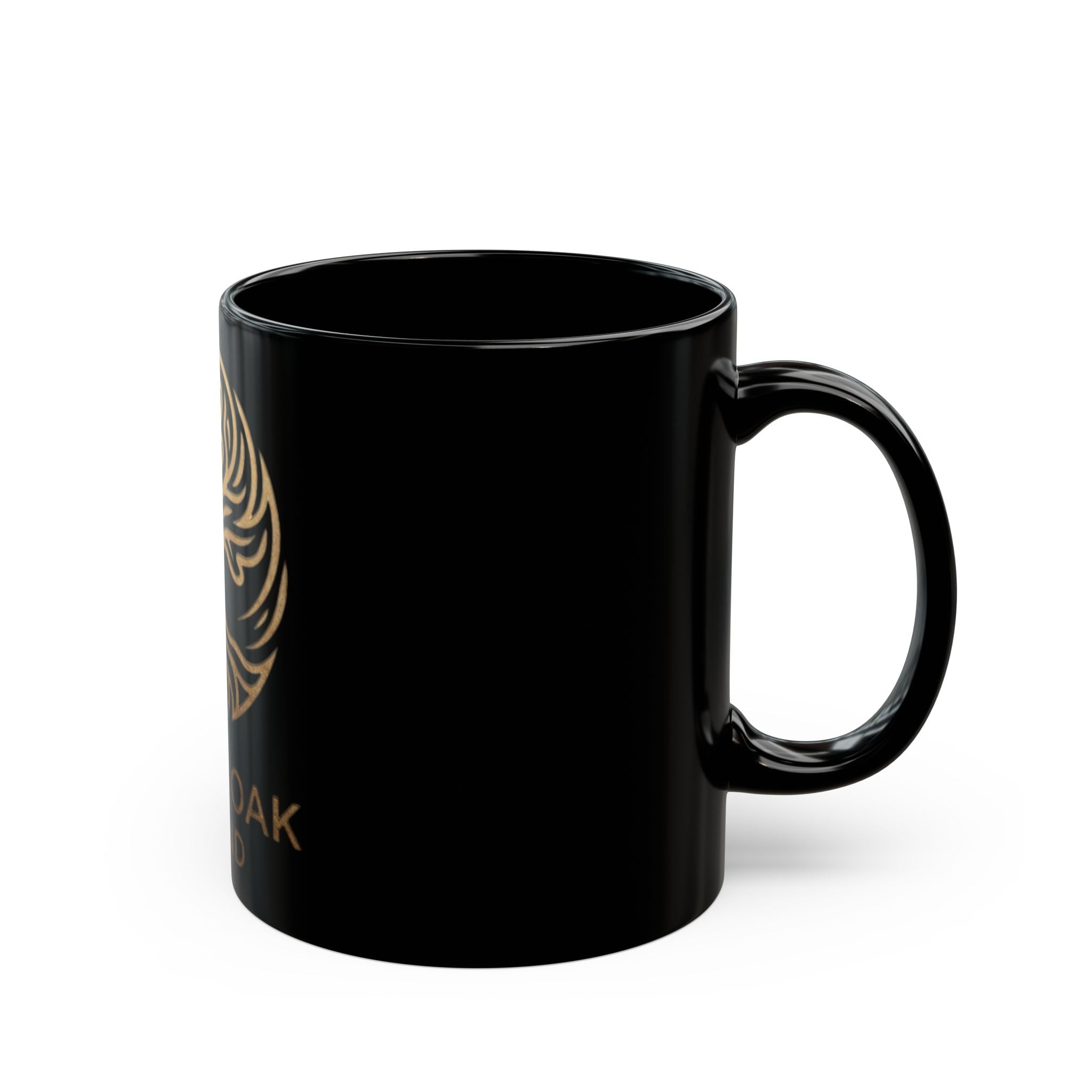 White Oak Brand Black Ceramic Mug — Gold Tree Logo Coffee Cup (11oz, 15oz)