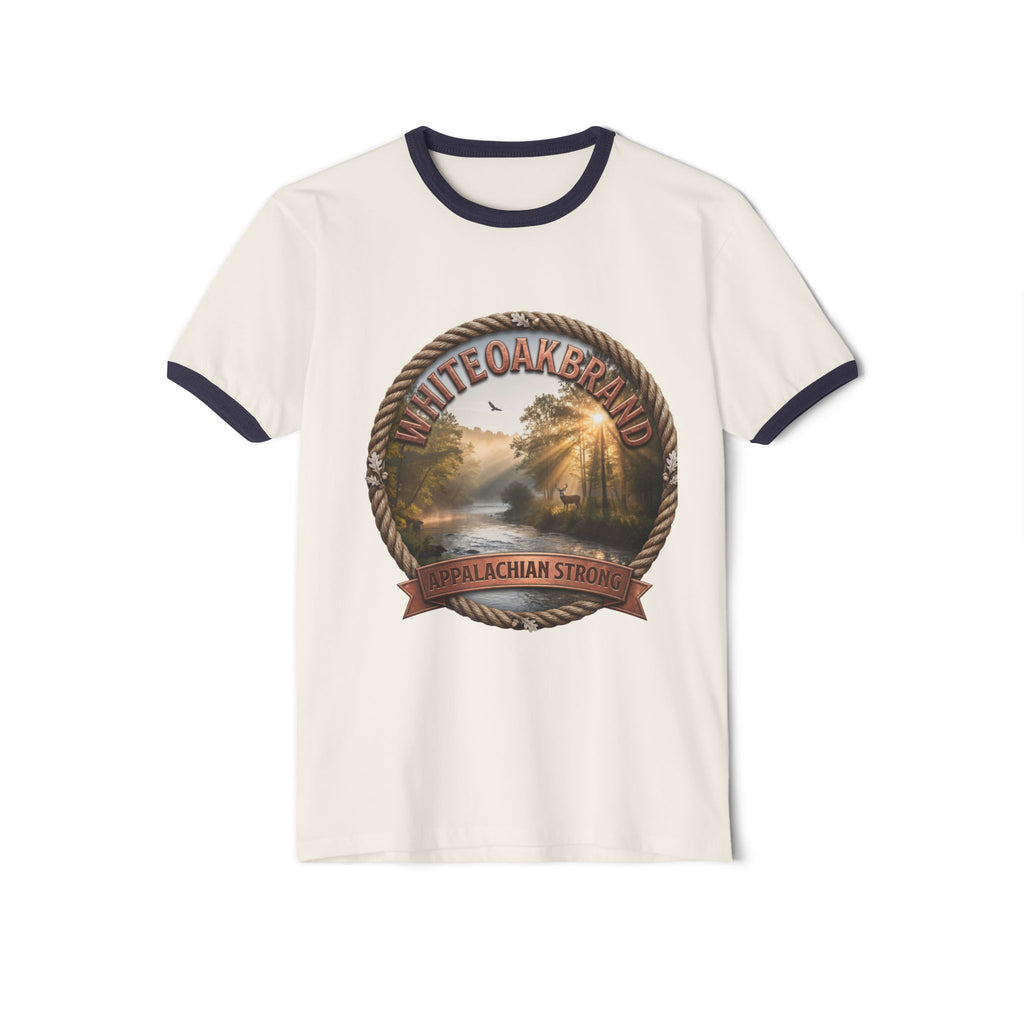 Vintage White Oak Brand Ringer Tee — Woodland Scenic Logo T‑Shirt