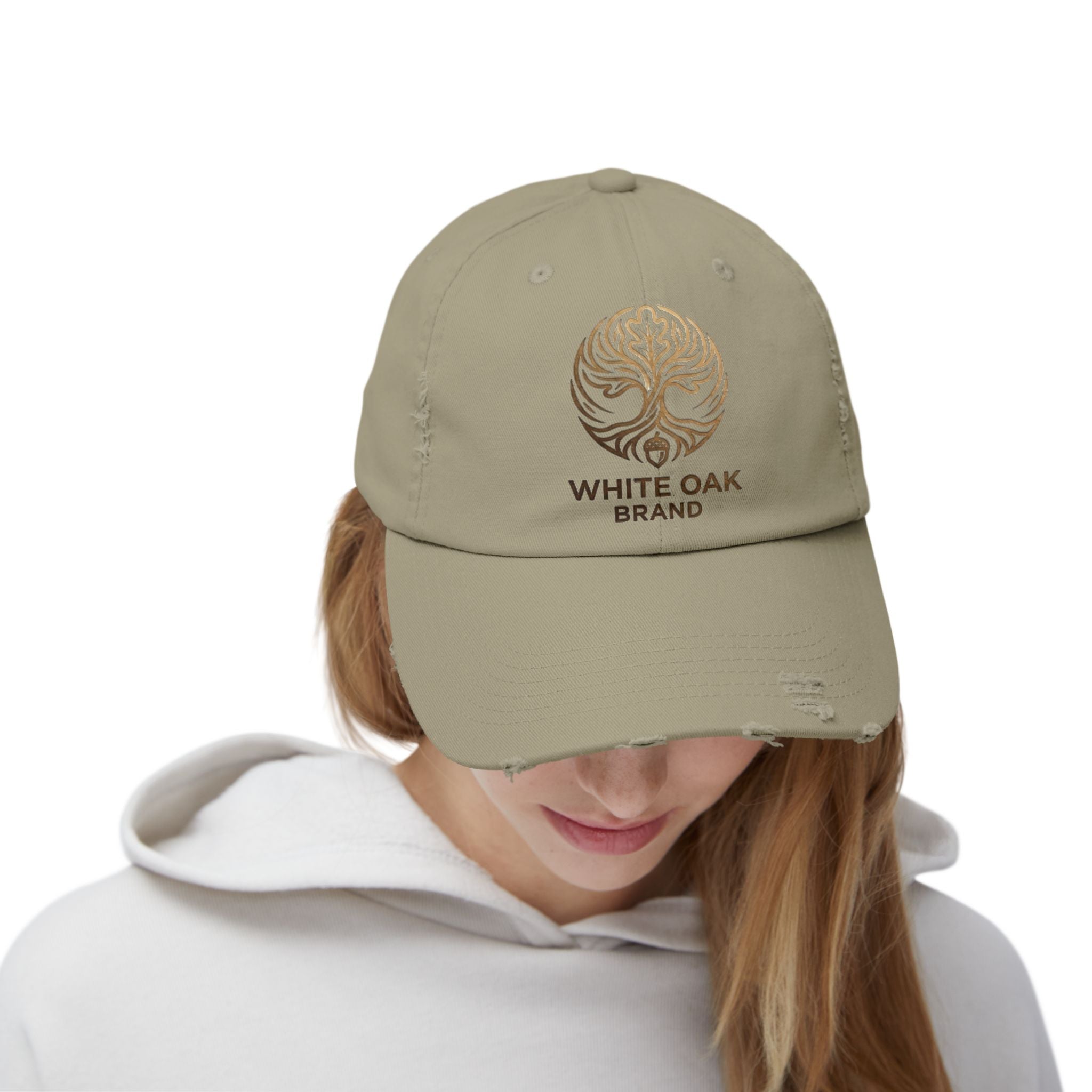 White Oak Distressed Cap — Rustic Gold Tree Logo Baseball Hat