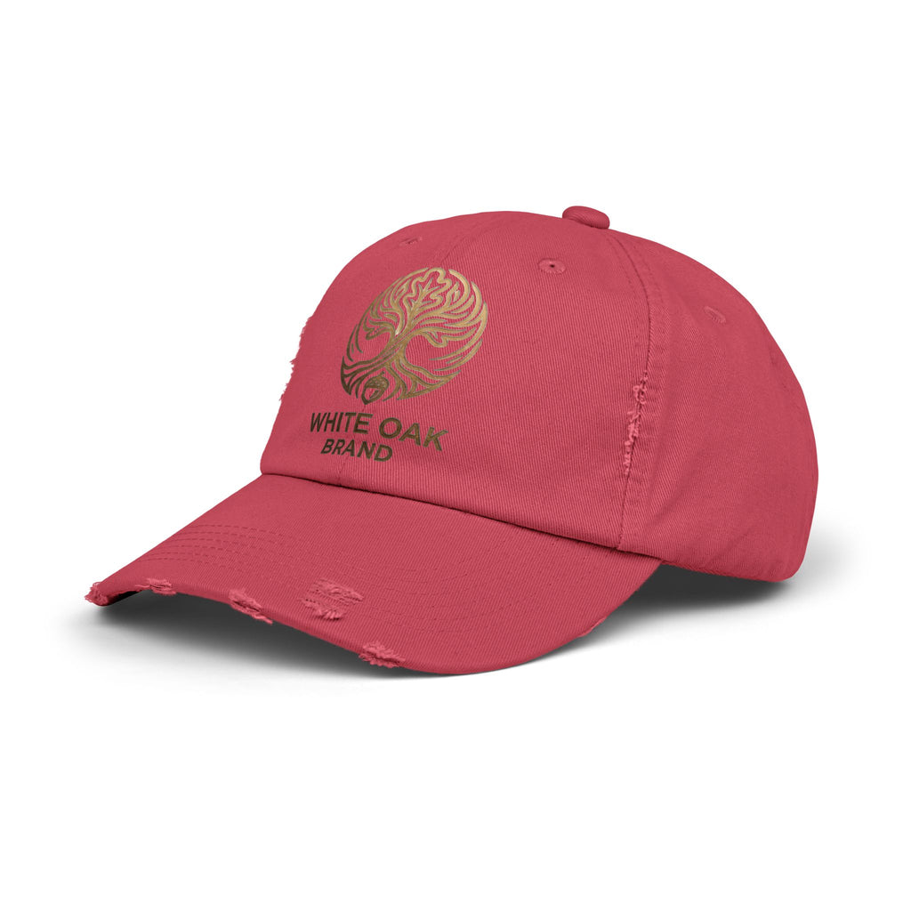White Oak Distressed Cap — Rustic Gold Tree Logo Baseball Hat