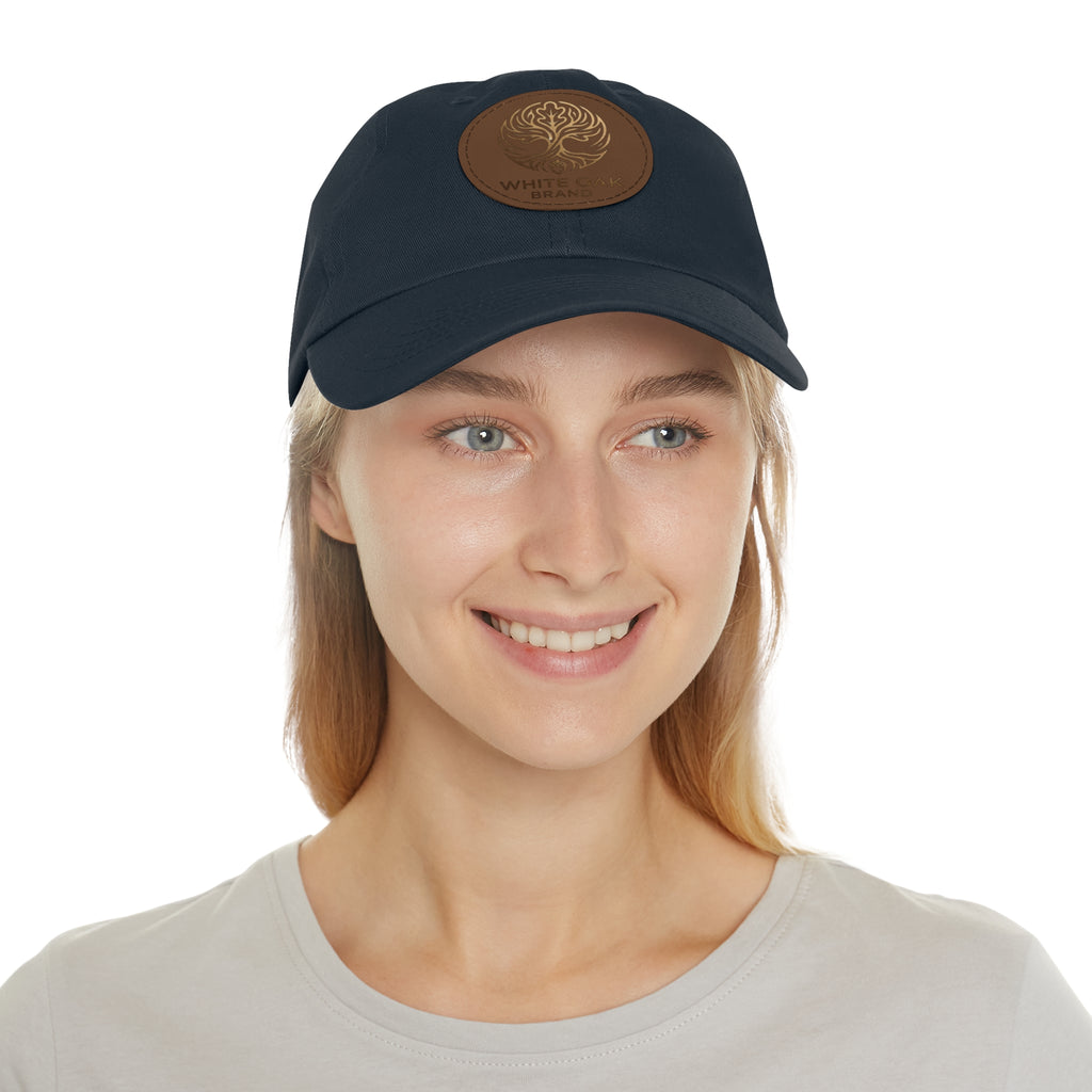 White Oak Leather Patch Dad Hat — Embossed Tree Logo Cap