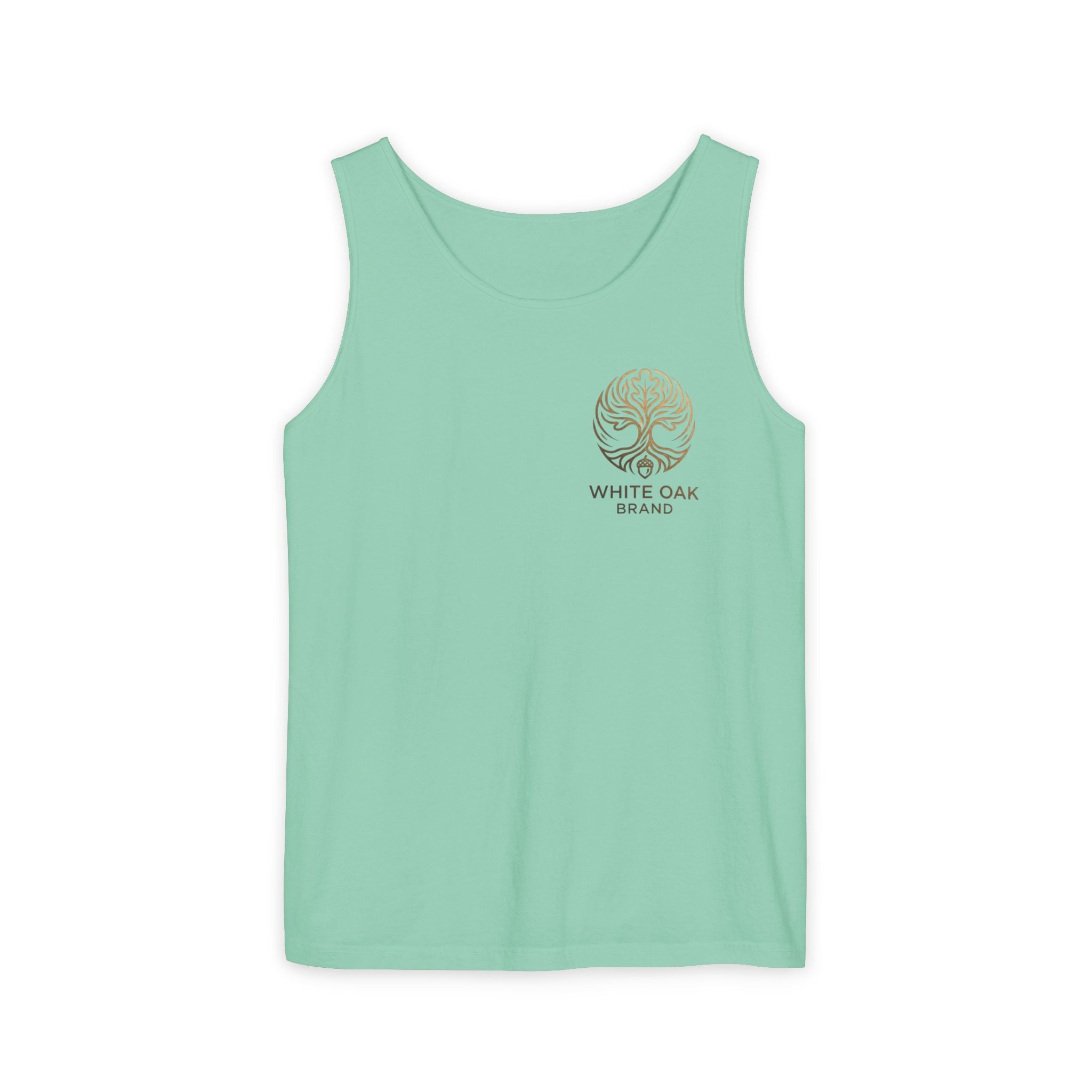White Oak Brand Tank Top — Minimal Tree Logo Chest Print