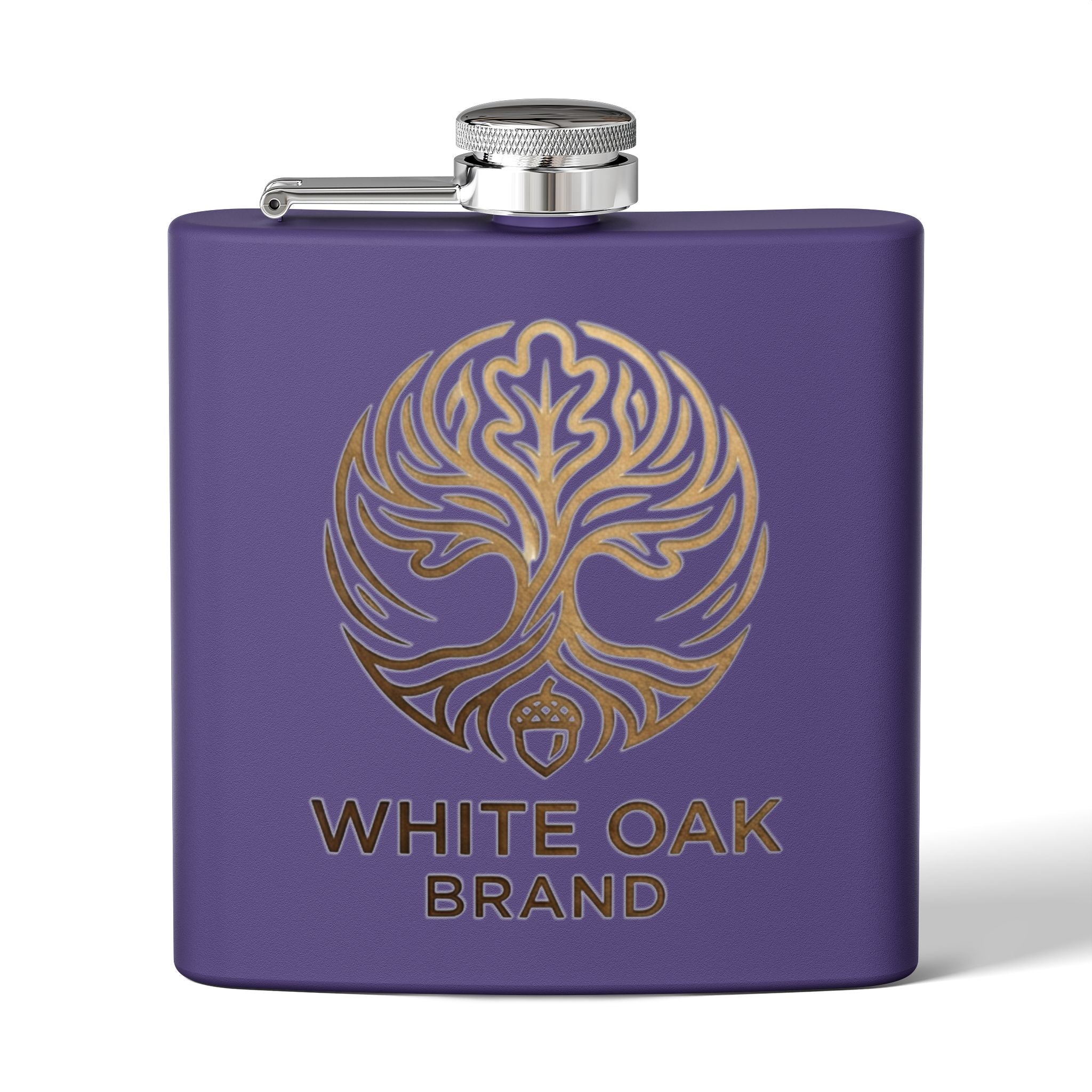 White Oak Brand 6oz Stainless Steel Flask — Engraved Oak Logo Hip Flask, Gift for Groomsmen & Outdoor Enthusiasts