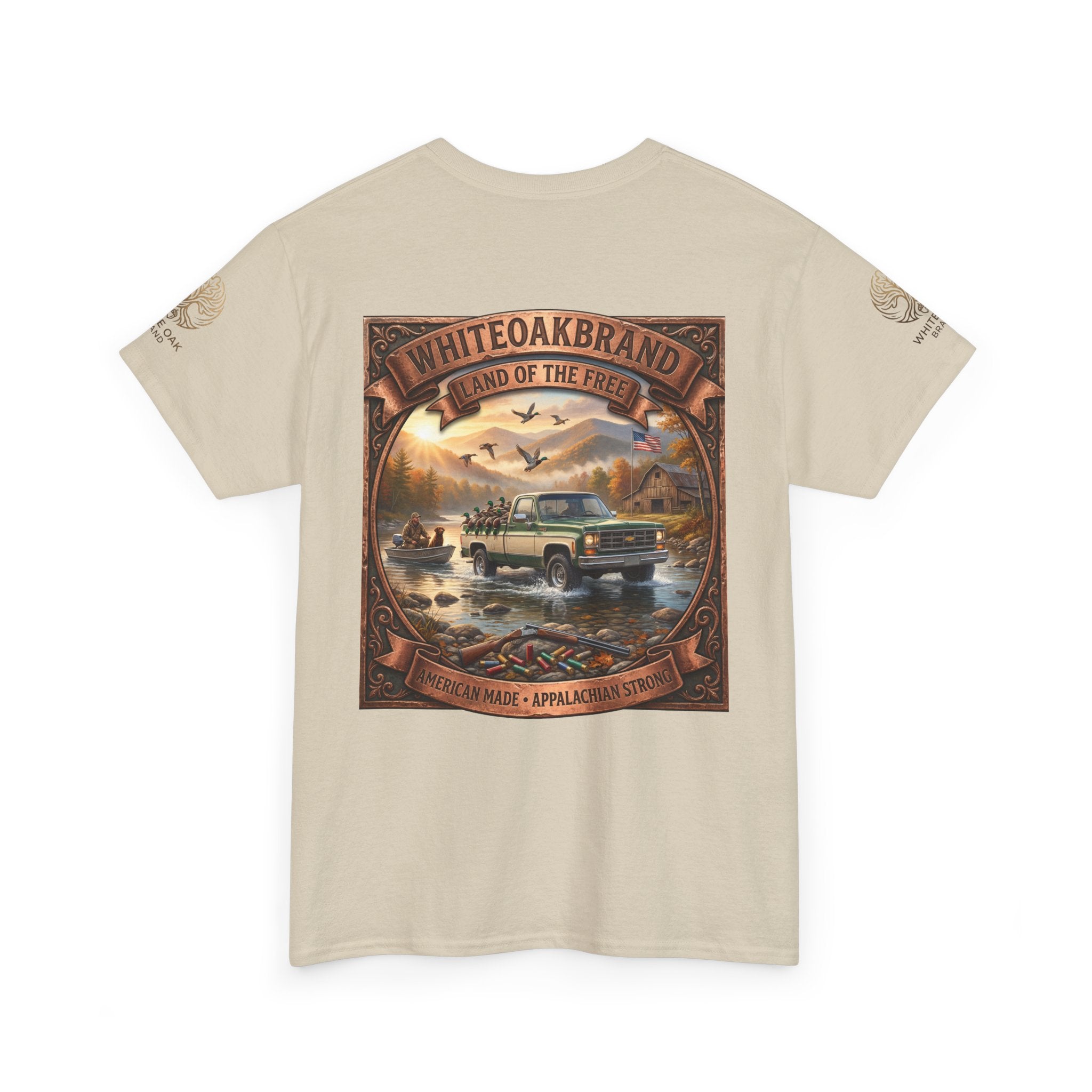 Vintage Outdoors Truck T‑Shirt — "White Oak Brand: Land of the Free" Graphic Tee