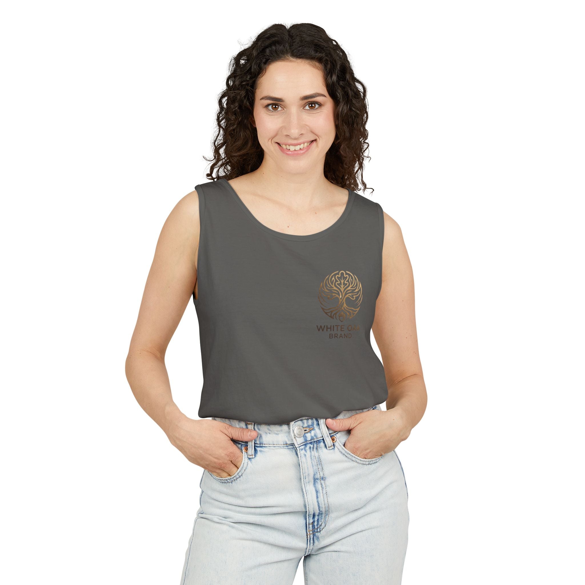 White Oak Brand Tank Top — Minimal Tree Logo Chest Print
