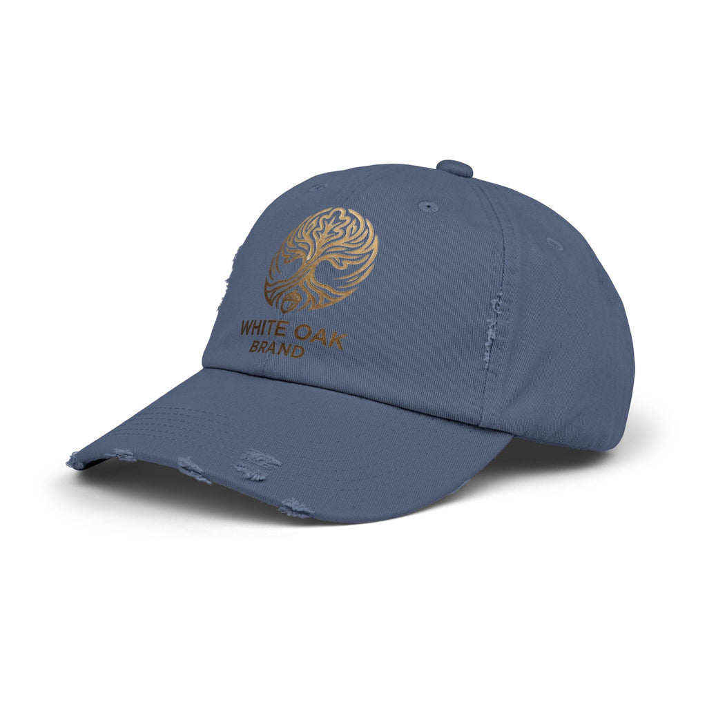 White Oak Distressed Cap — Rustic Gold Tree Logo Baseball Hat