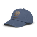 White Oak Distressed Cap — Rustic Gold Tree Logo Baseball Hat
