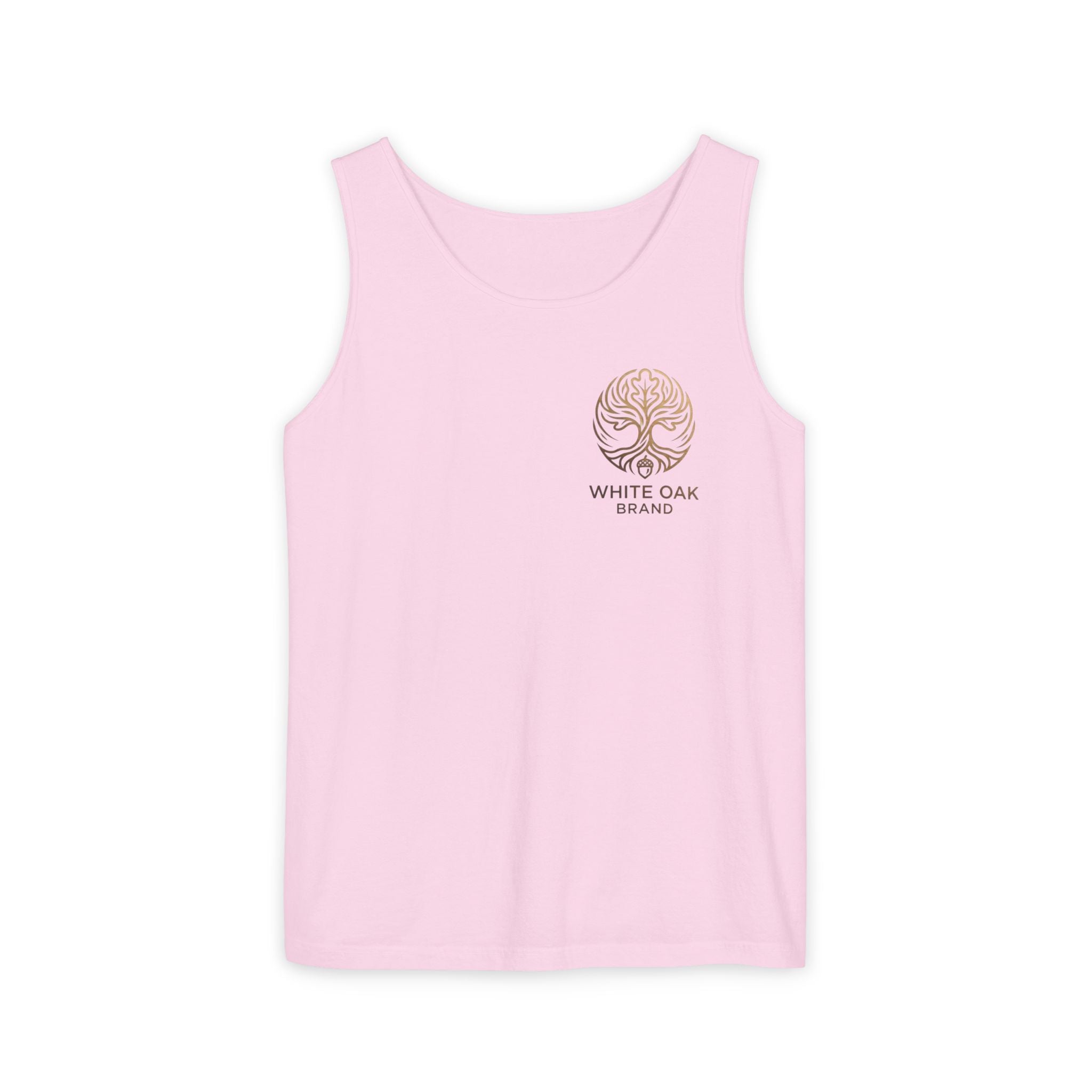 White Oak Brand Tank Top — Minimal Tree Logo Chest Print