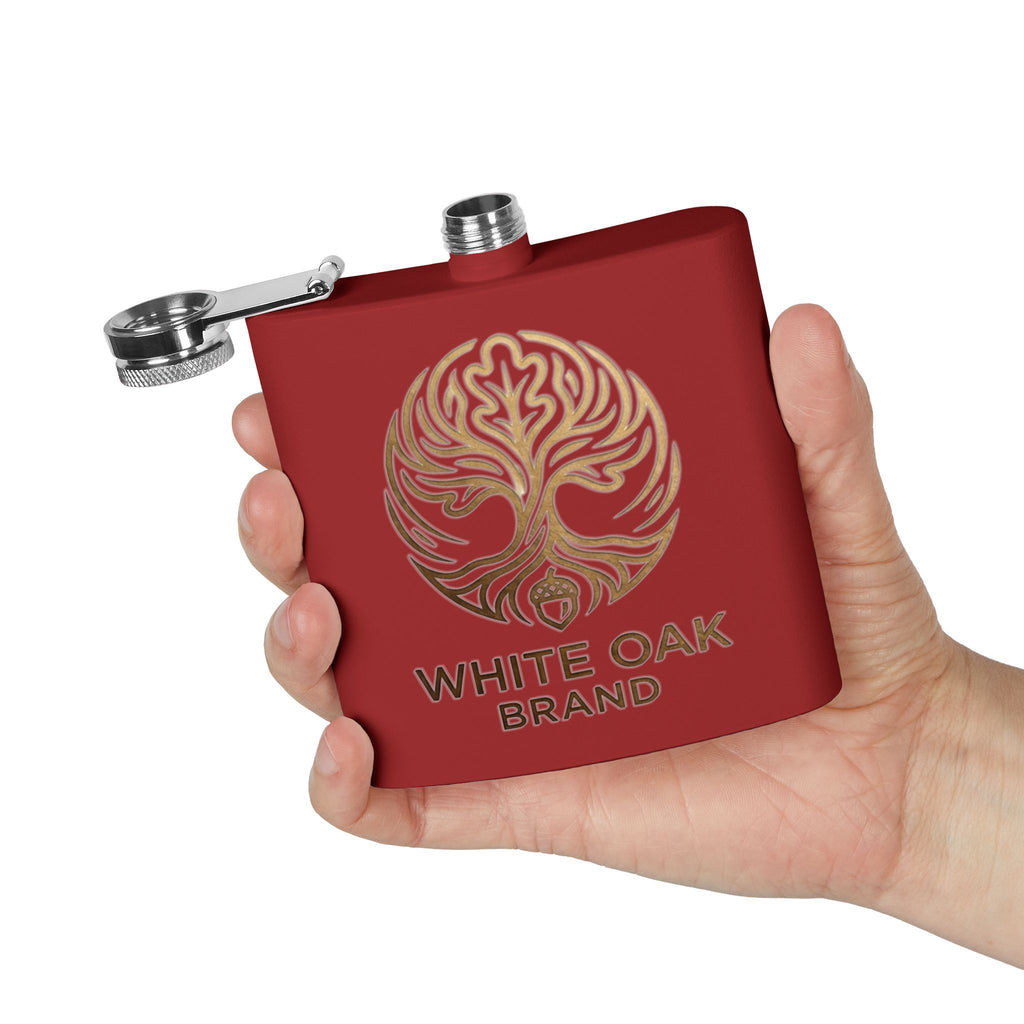 White Oak Brand 6oz Stainless Steel Flask — Engraved Oak Logo Hip Flask, Gift for Groomsmen & Outdoor Enthusiasts