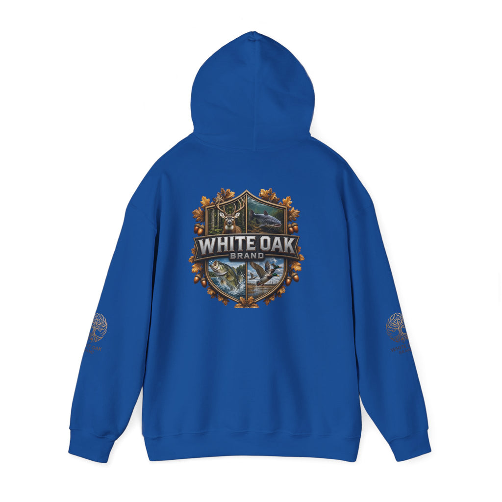 White Oak Brand Hoodie – Nature Logo Pullover with Scenic Back Emblem