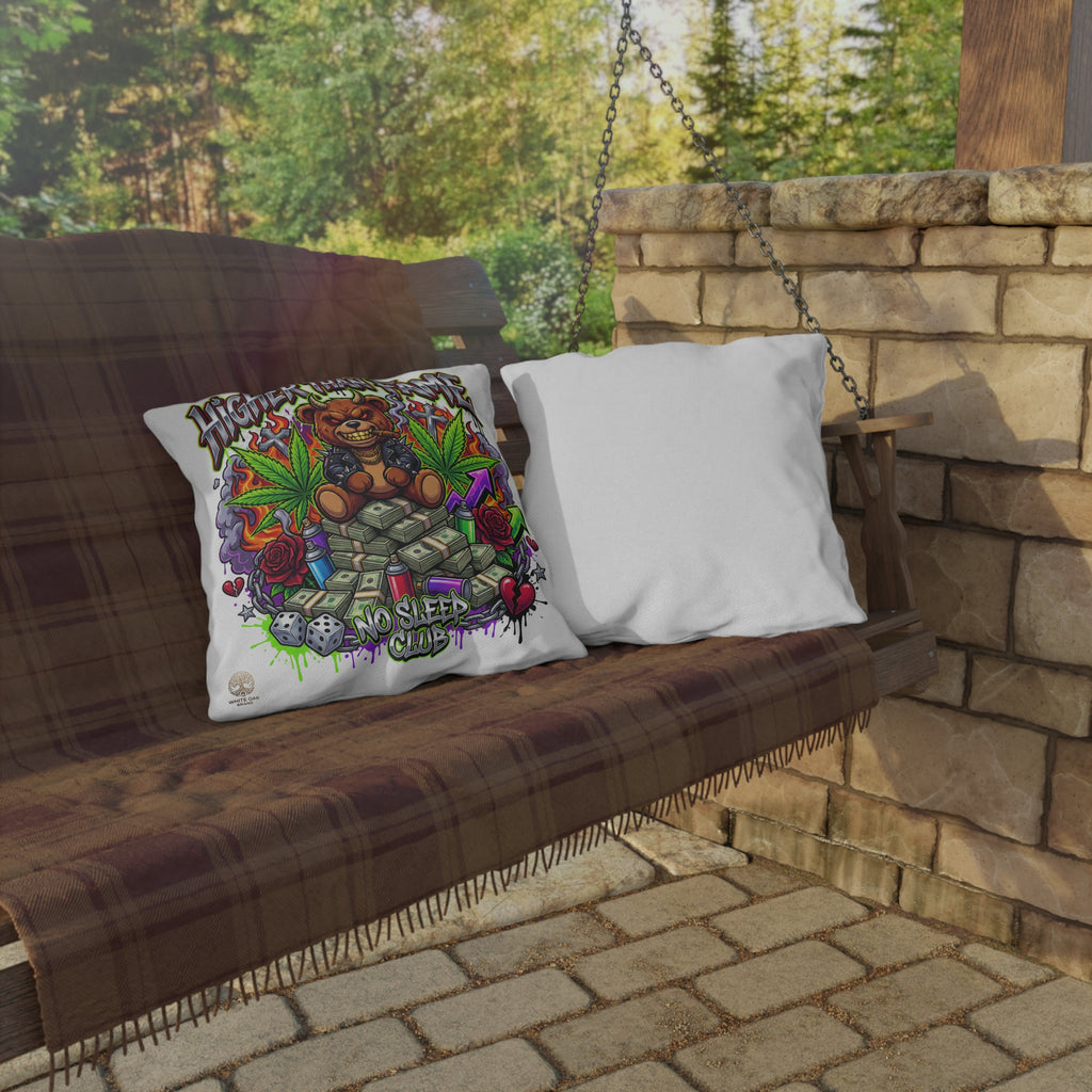 Higher Than Fame Outdoor Pillow — Bear on Money Graphic with "No Sleep Club"
