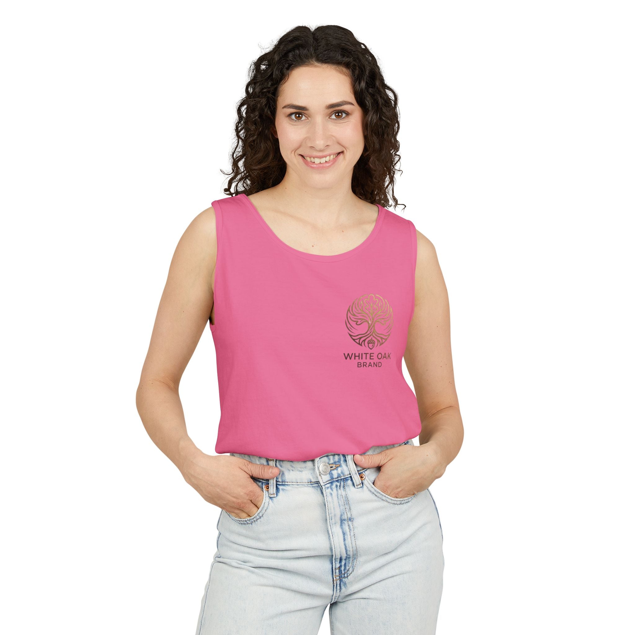 White Oak Brand Tank Top — Minimal Tree Logo Chest Print