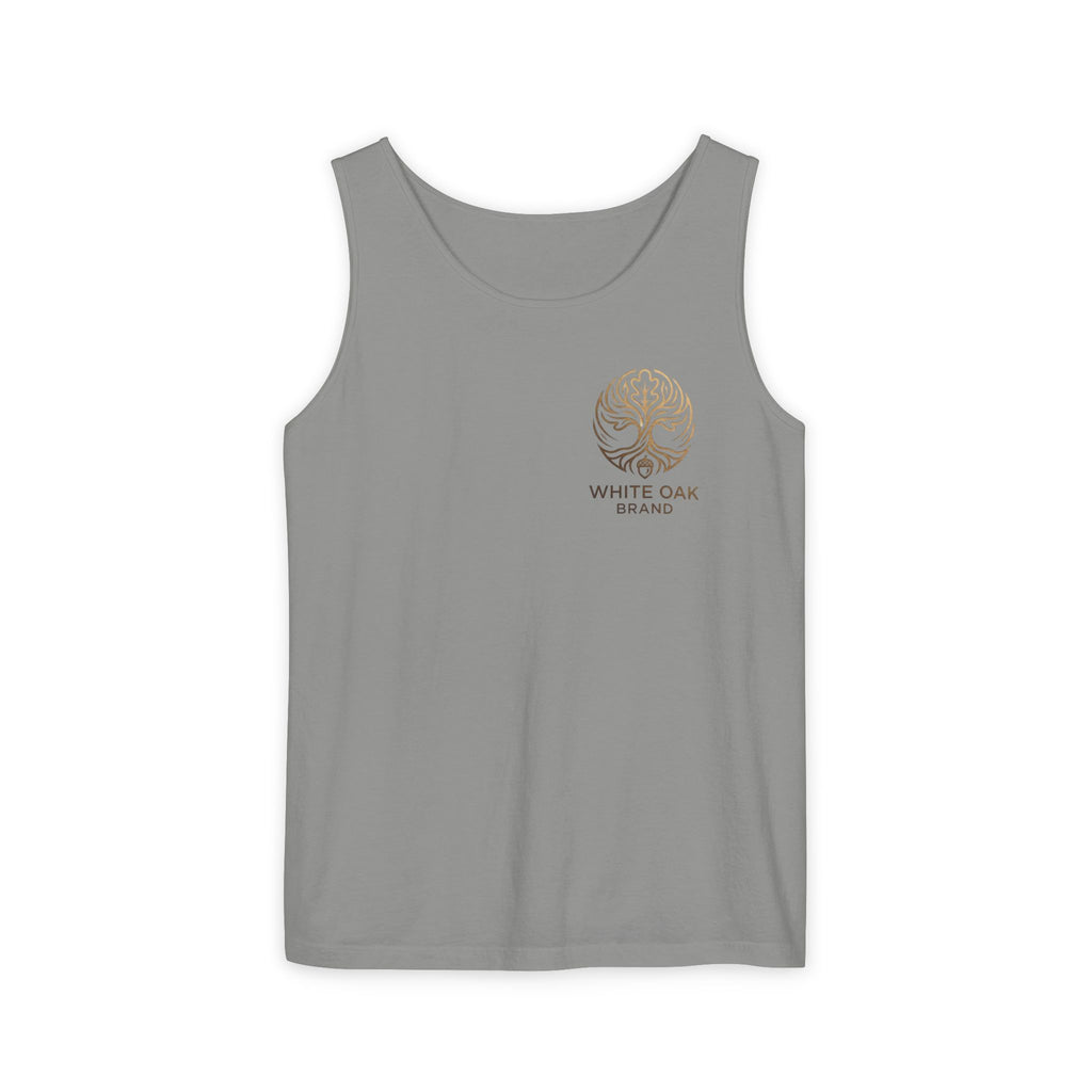 White Oak Brand Tank Top — Minimal Tree Logo Chest Print