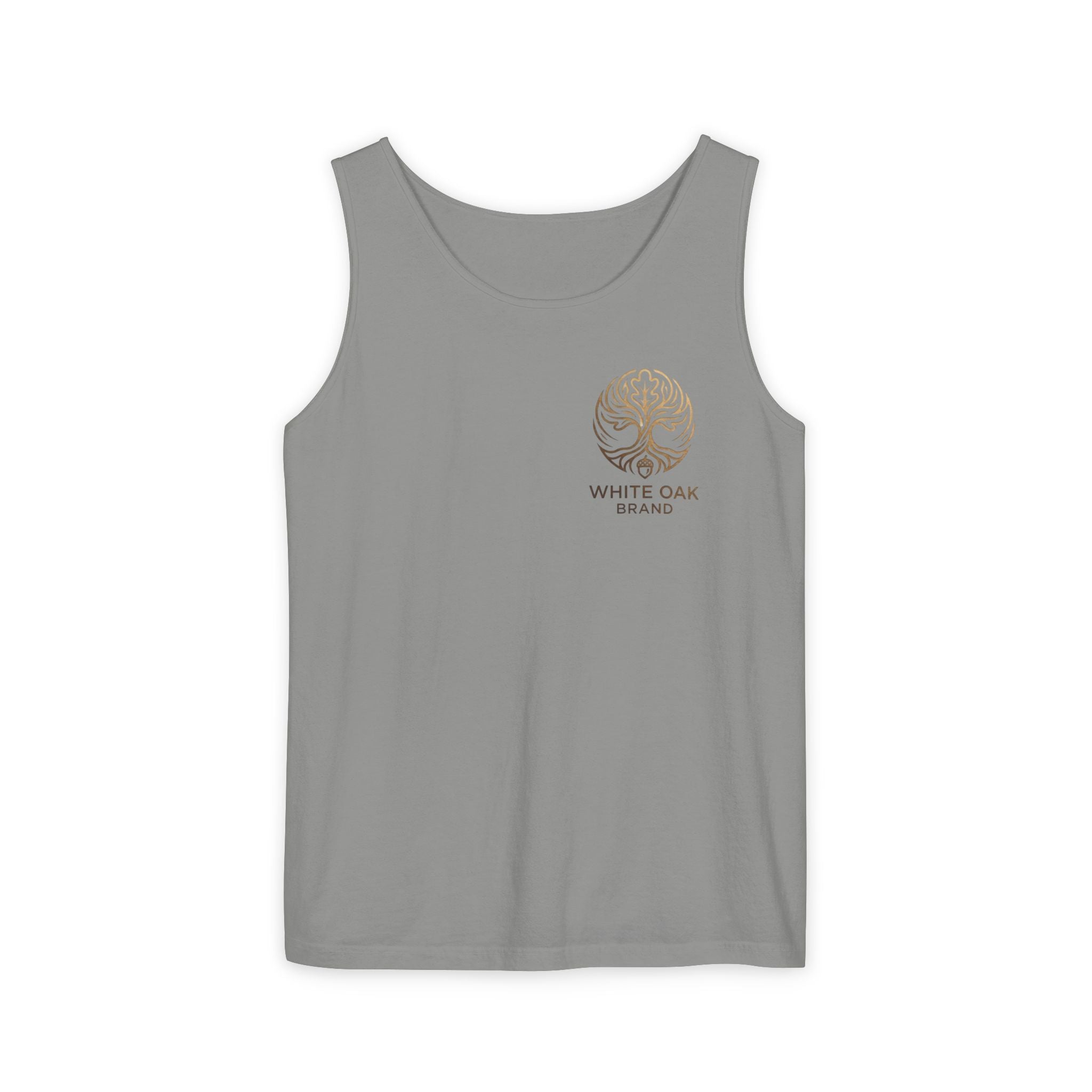 White Oak Brand Tank Top — Minimal Tree Logo Chest Print