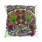 Higher Than Fame Outdoor Pillow — Bear on Money Graphic with "No Sleep Club"