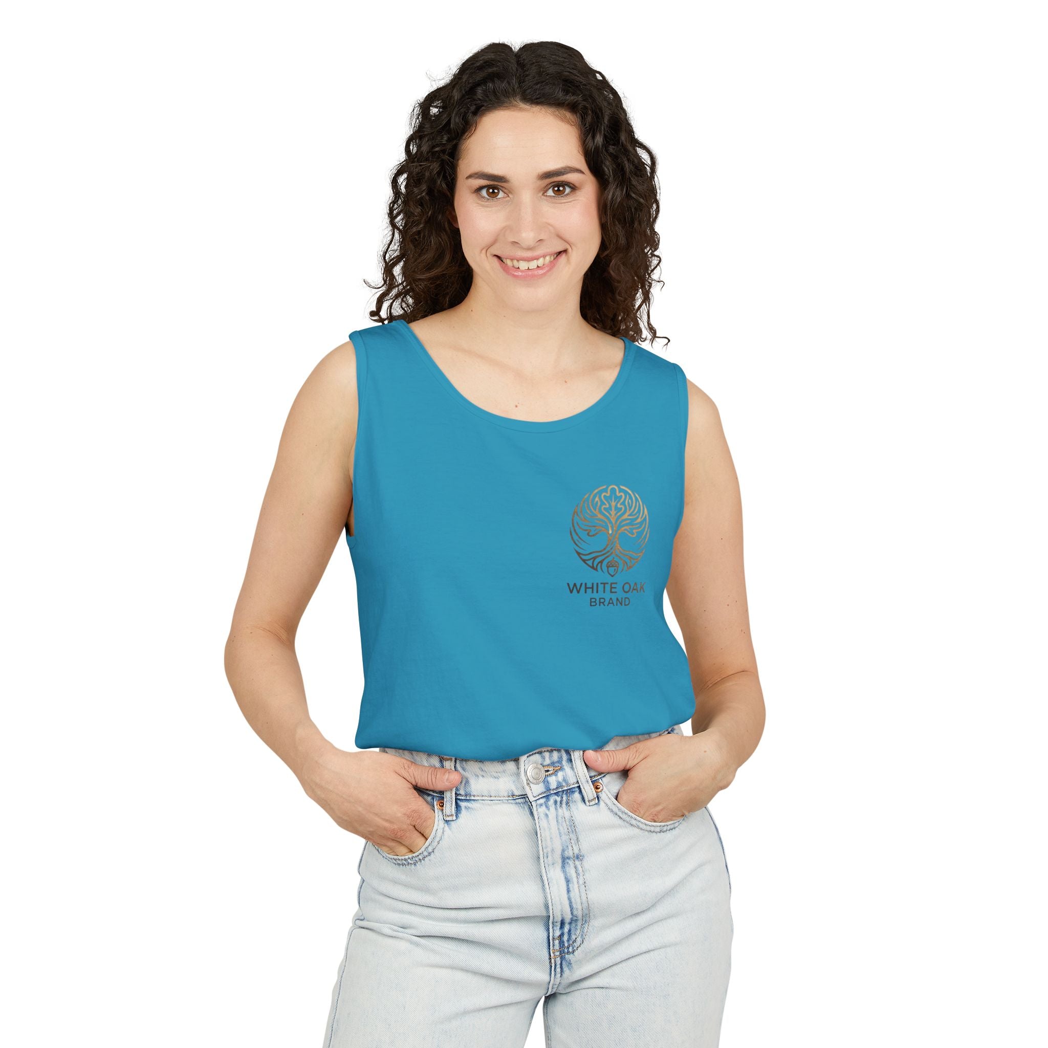 White Oak Brand Tank Top — Minimal Tree Logo Chest Print