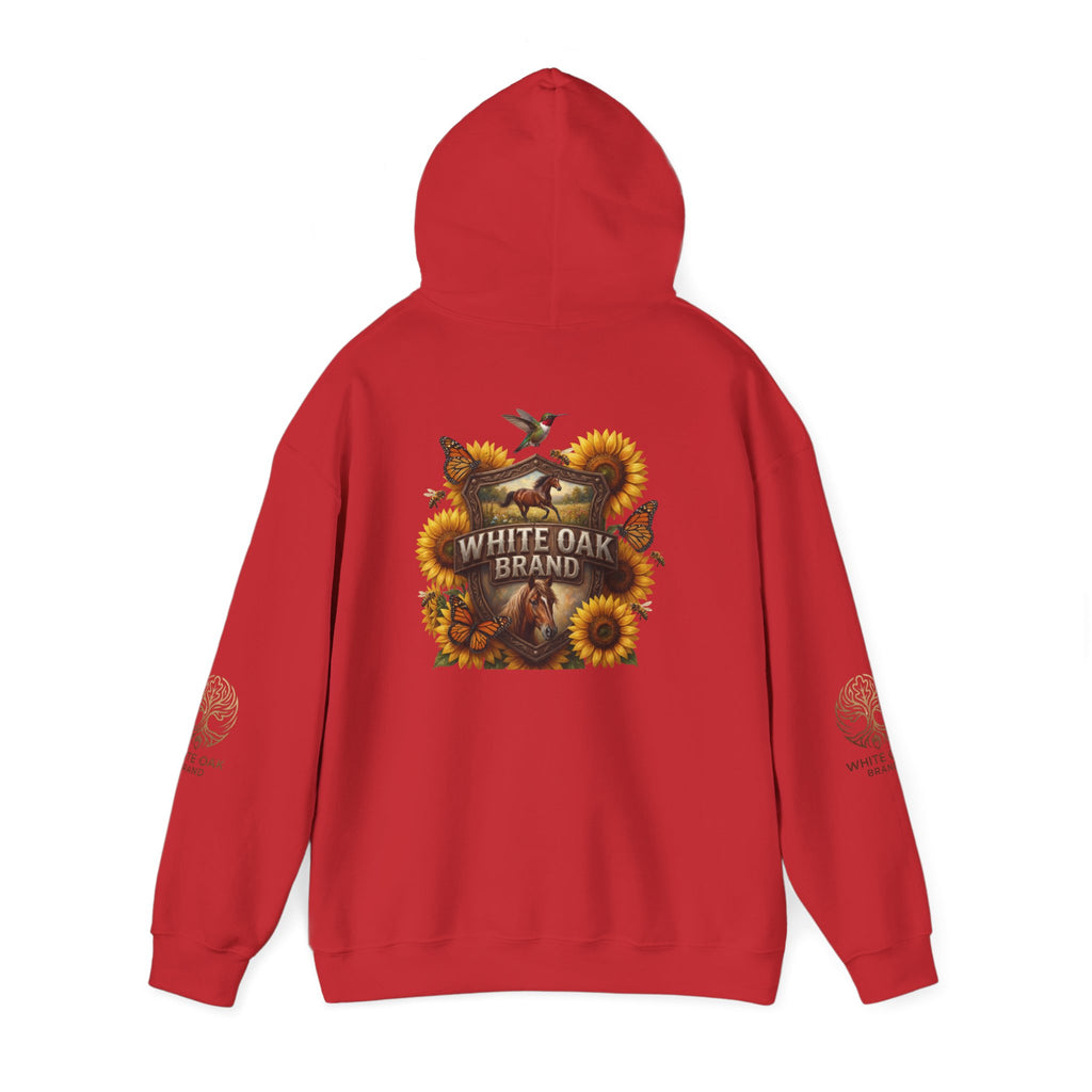 White Oak Brand Hoodie — Sunflowers, Fox & Rustic Nature Graphic