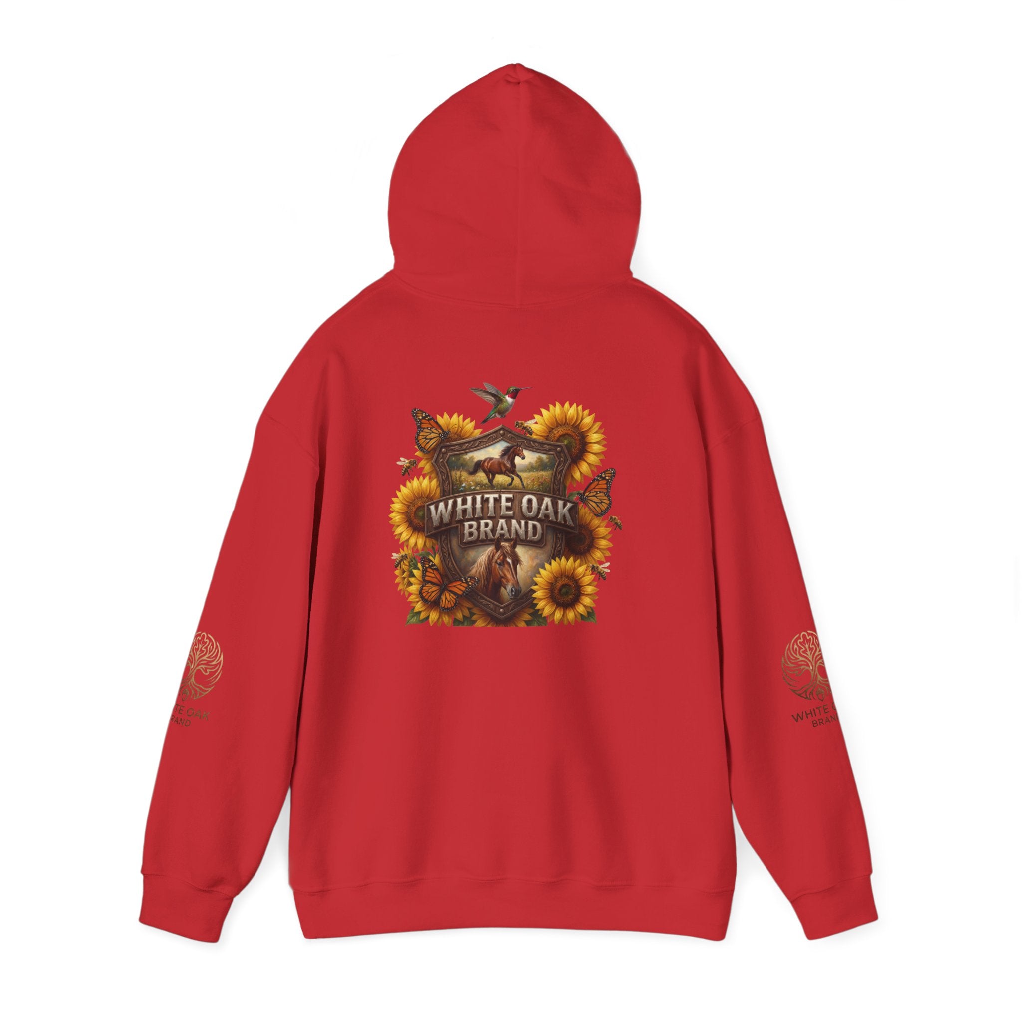 White Oak Brand Hoodie — Sunflowers, Fox & Rustic Nature Graphic