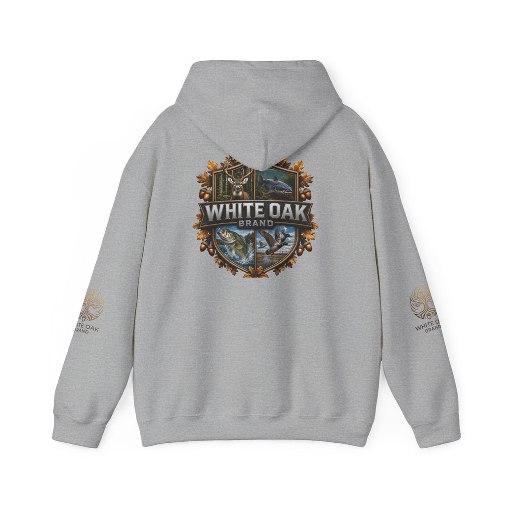 White Oak Brand Hoodie – Nature Logo Pullover with Scenic Back Emblem