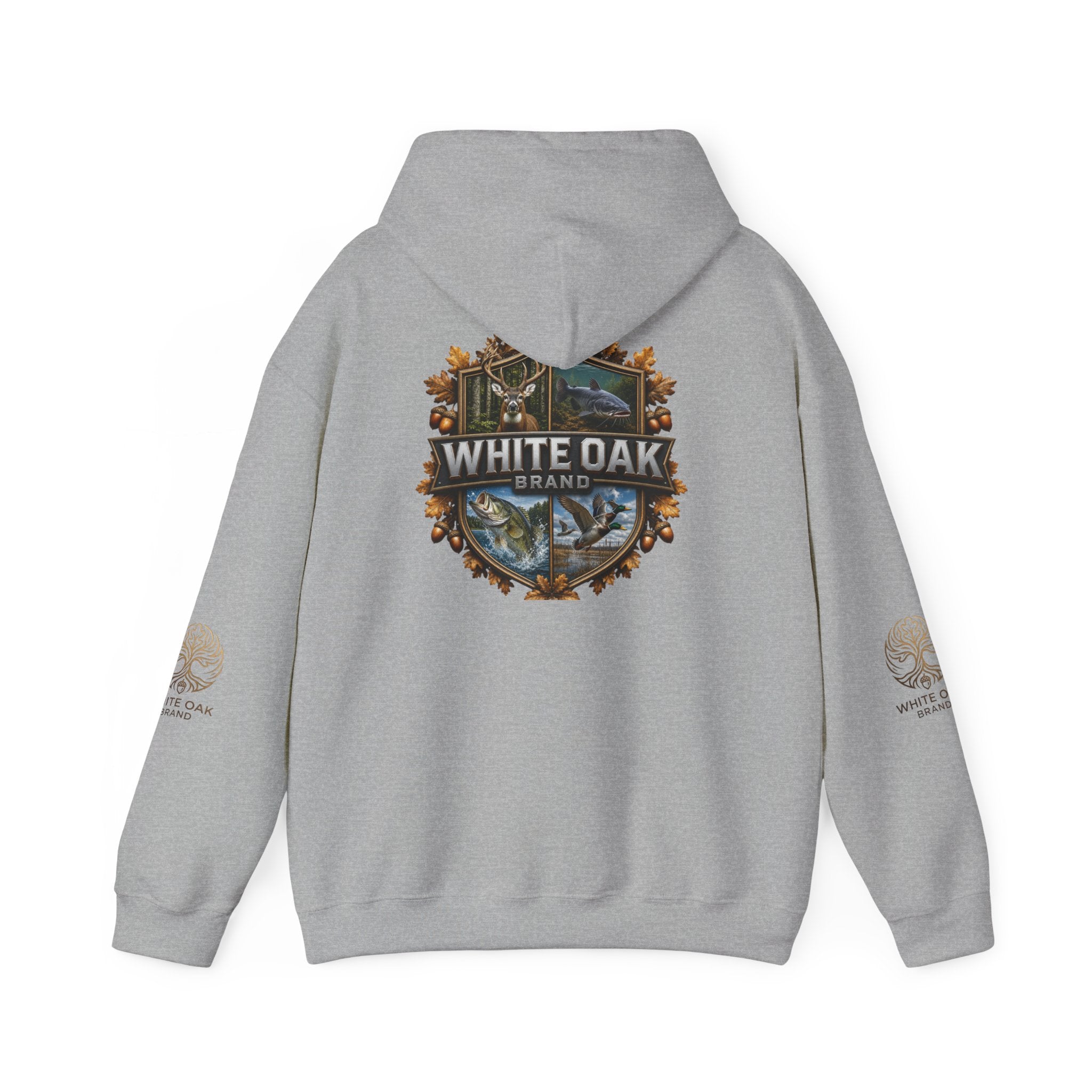White Oak Brand Hoodie – Nature Logo Pullover with Scenic Back Emblem