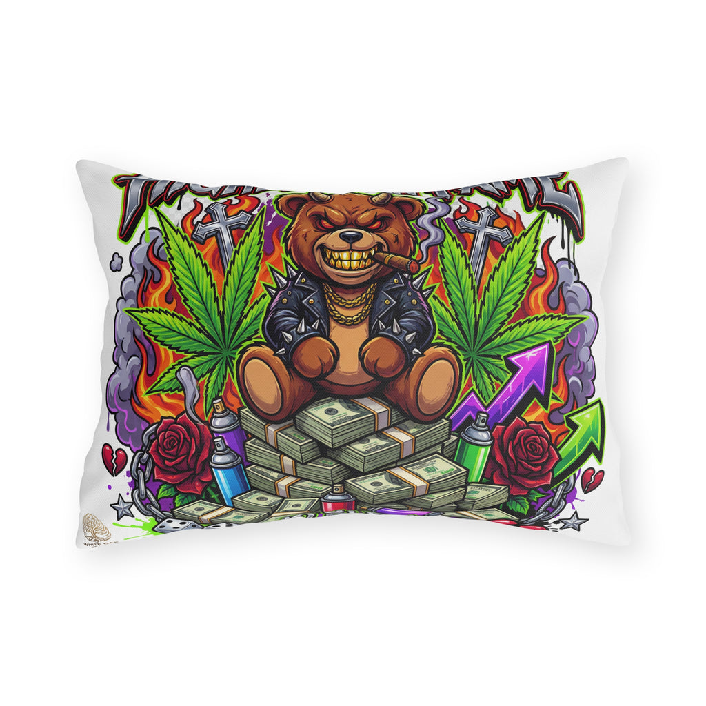Higher Than Fame Outdoor Pillow — Bear on Money Graphic with "No Sleep Club"