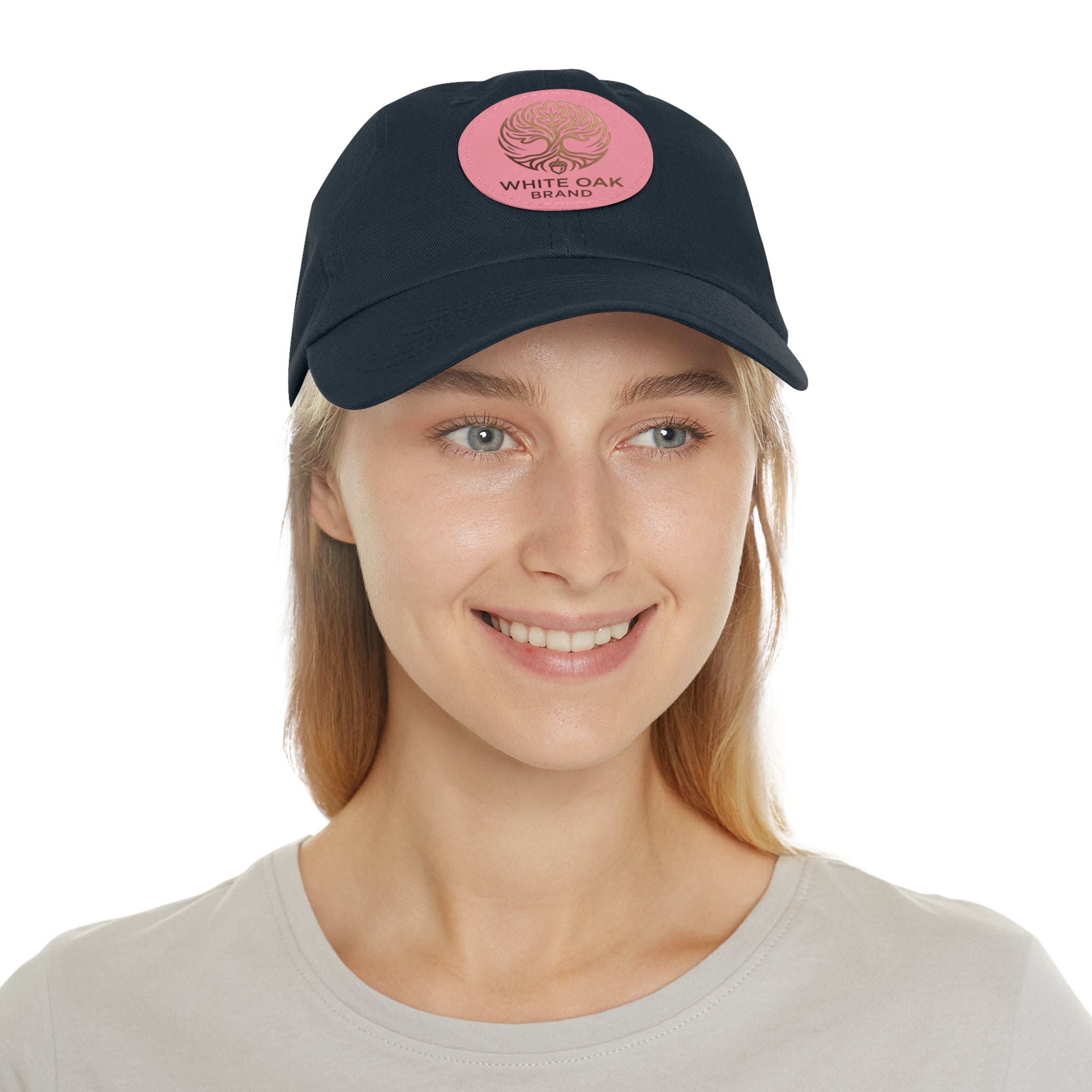 White Oak Leather Patch Dad Hat — Embossed Tree Logo Cap