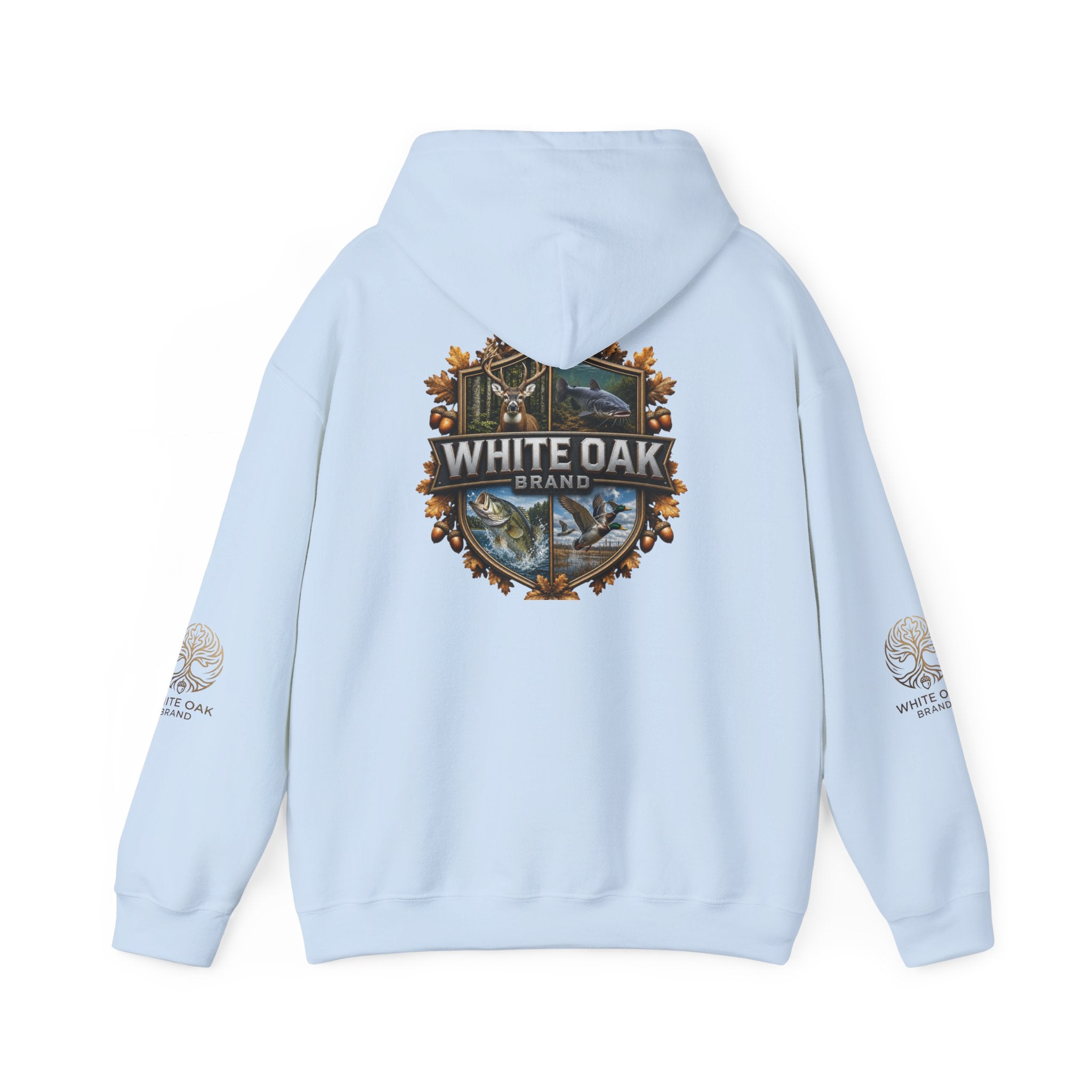White Oak Brand Hoodie – Nature Logo Pullover with Scenic Back Emblem