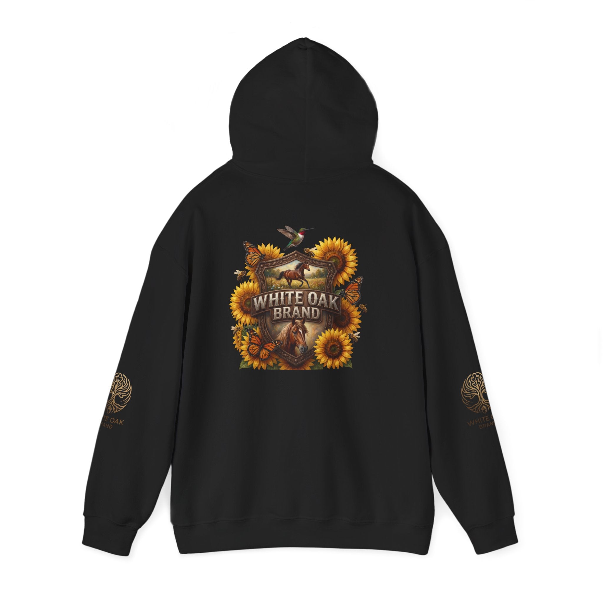 White Oak Brand Hoodie — Sunflowers, Fox & Rustic Nature Graphic