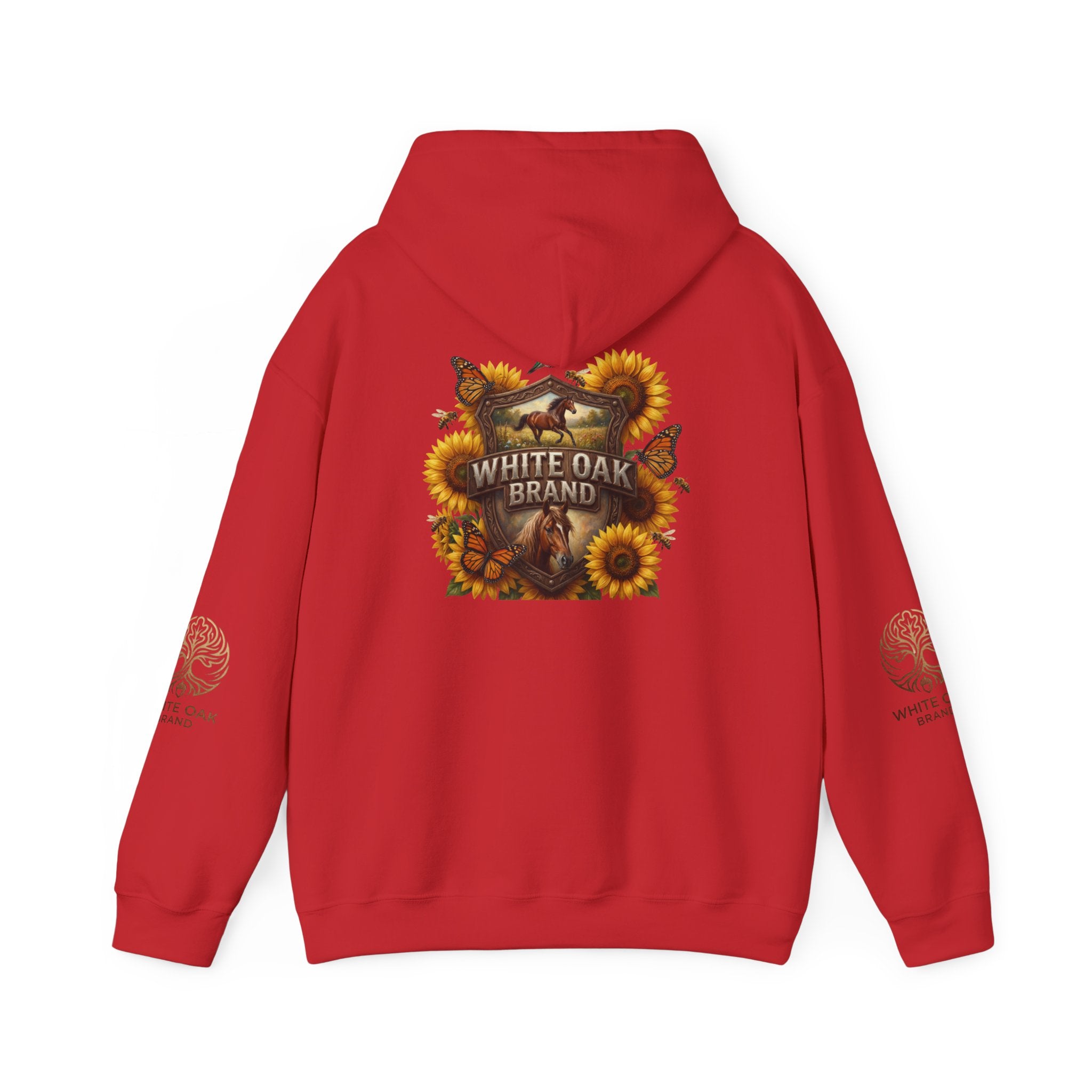 White Oak Brand Hoodie — Sunflowers, Fox & Rustic Nature Graphic