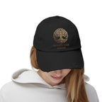 White Oak Distressed Cap — Rustic Gold Tree Logo Baseball Hat