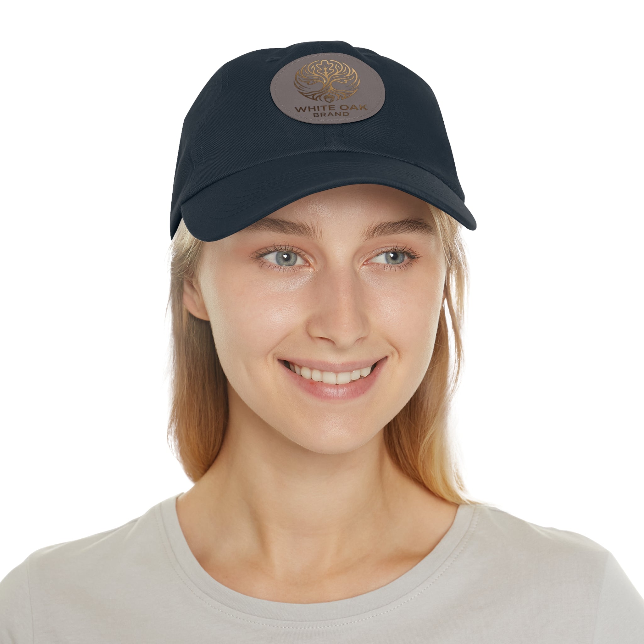White Oak Leather Patch Dad Hat — Embossed Tree Logo Cap