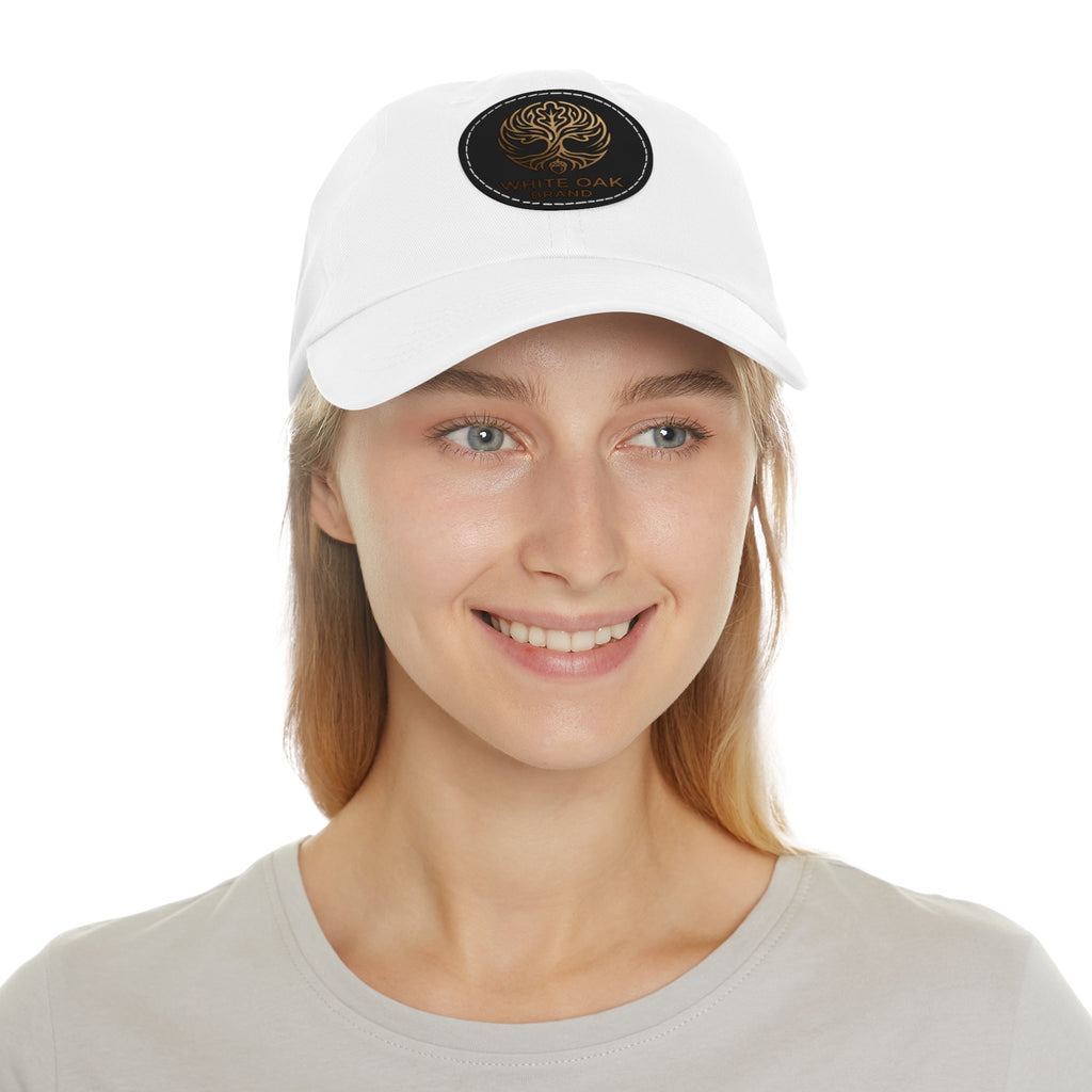 White Oak Leather Patch Dad Hat — Embossed Tree Logo Cap