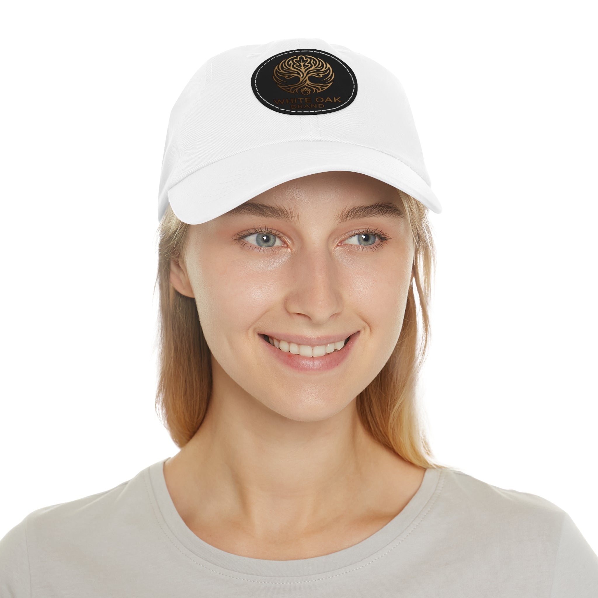 White Oak Leather Patch Dad Hat — Embossed Tree Logo Cap