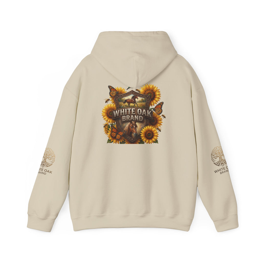 White Oak Brand Hoodie — Sunflowers, Fox & Rustic Nature Graphic