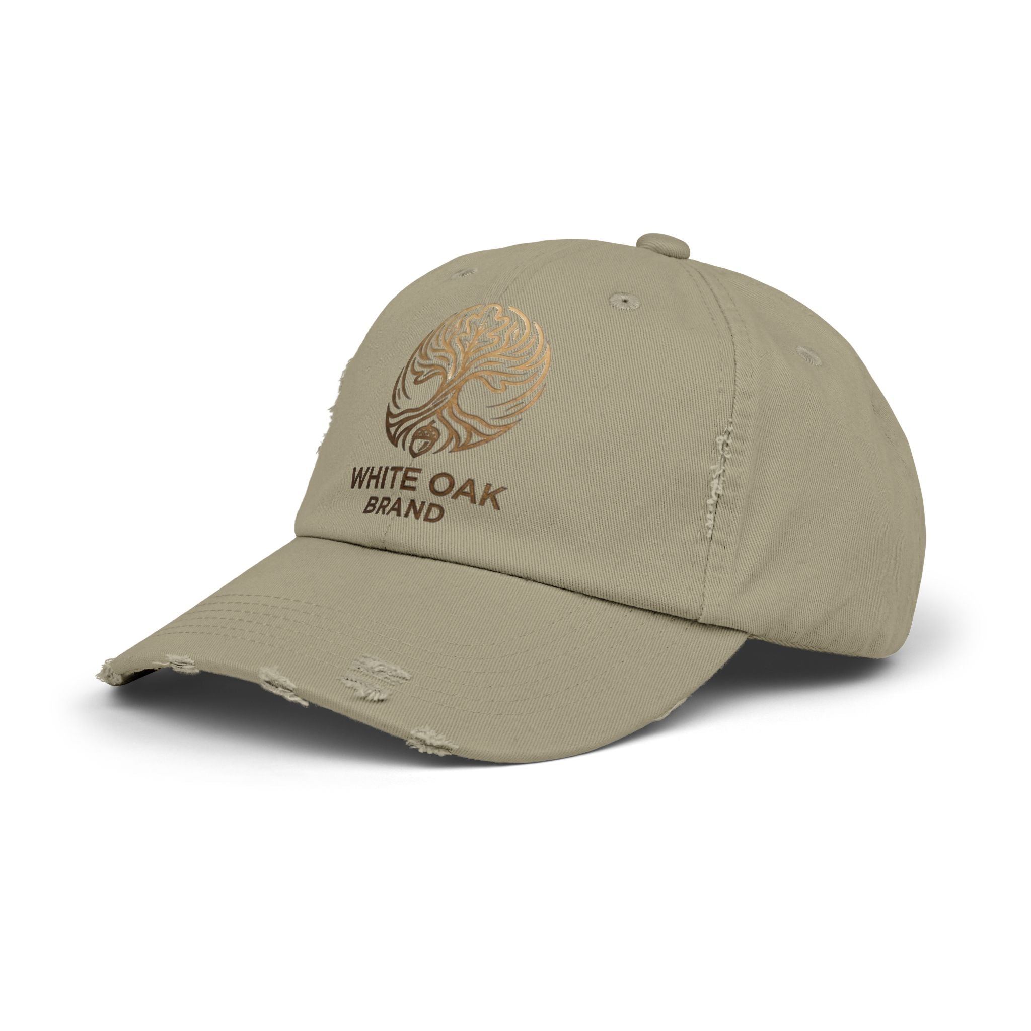 White Oak Distressed Cap — Rustic Gold Tree Logo Baseball Hat