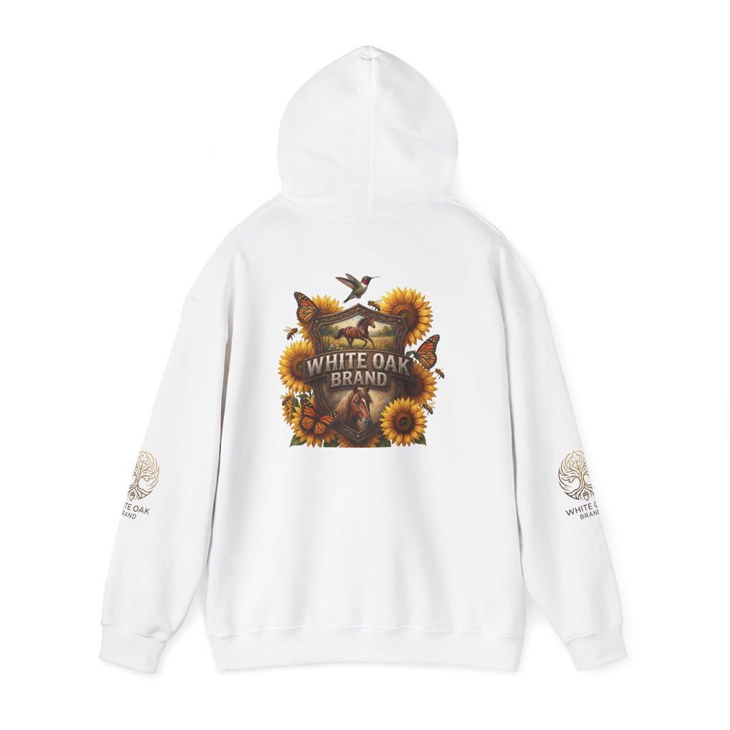 White Oak Brand Hoodie — Sunflowers, Fox & Rustic Nature Graphic