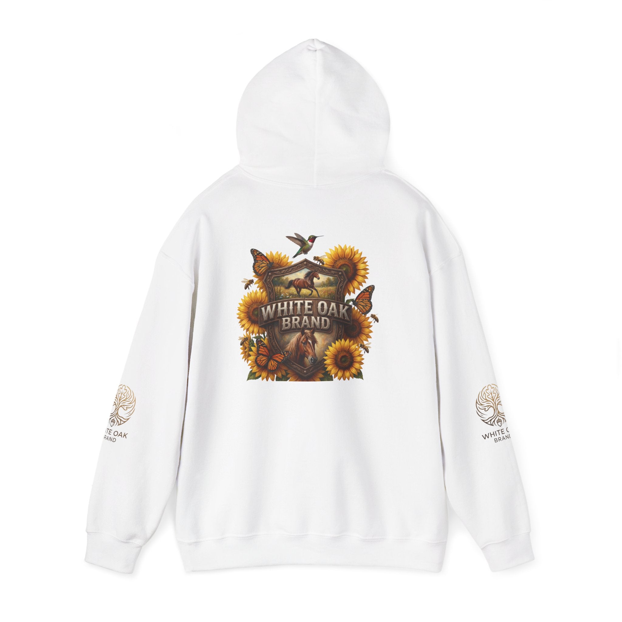White Oak Brand Hoodie — Sunflowers, Fox & Rustic Nature Graphic