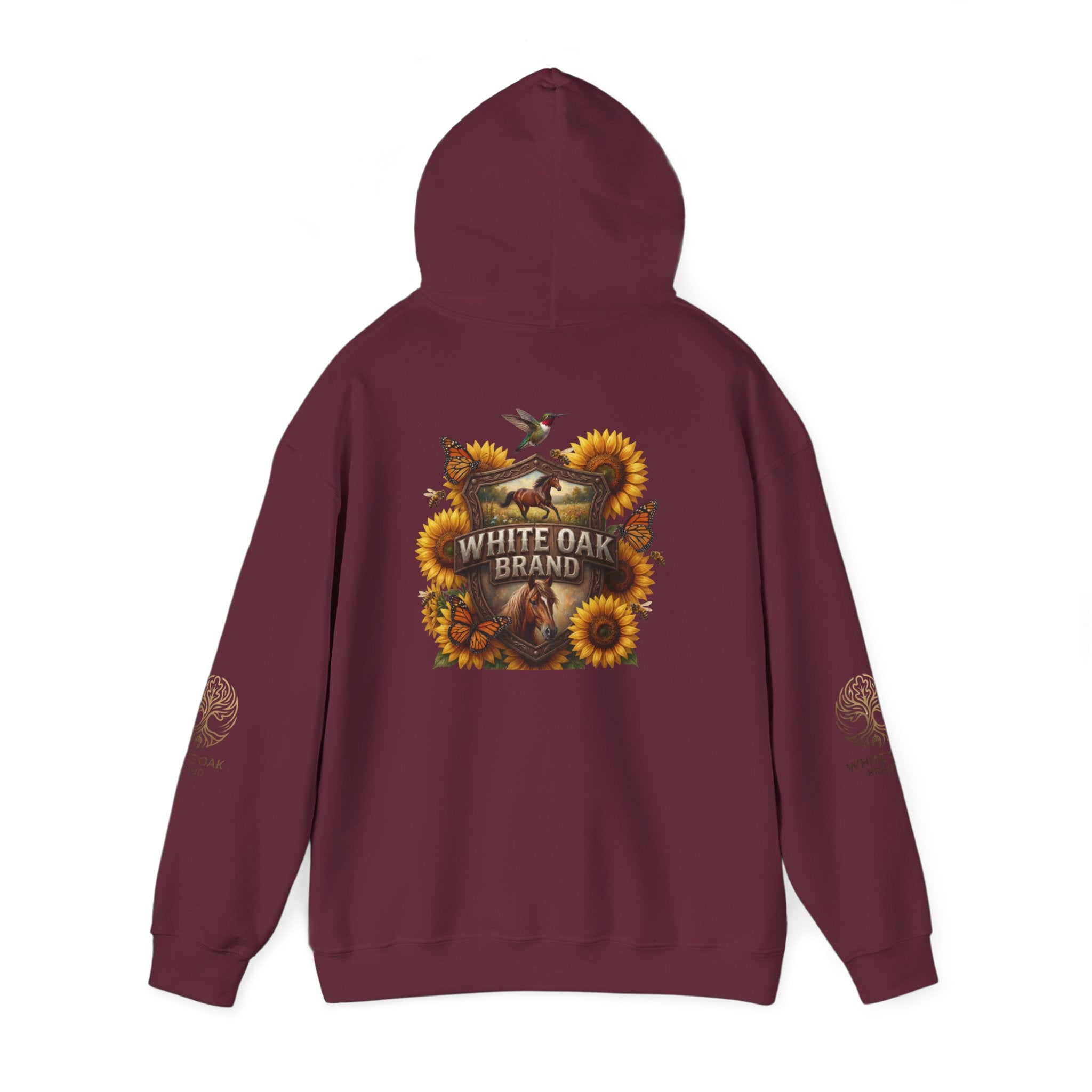 White Oak Brand Hoodie — Sunflowers, Fox & Rustic Nature Graphic