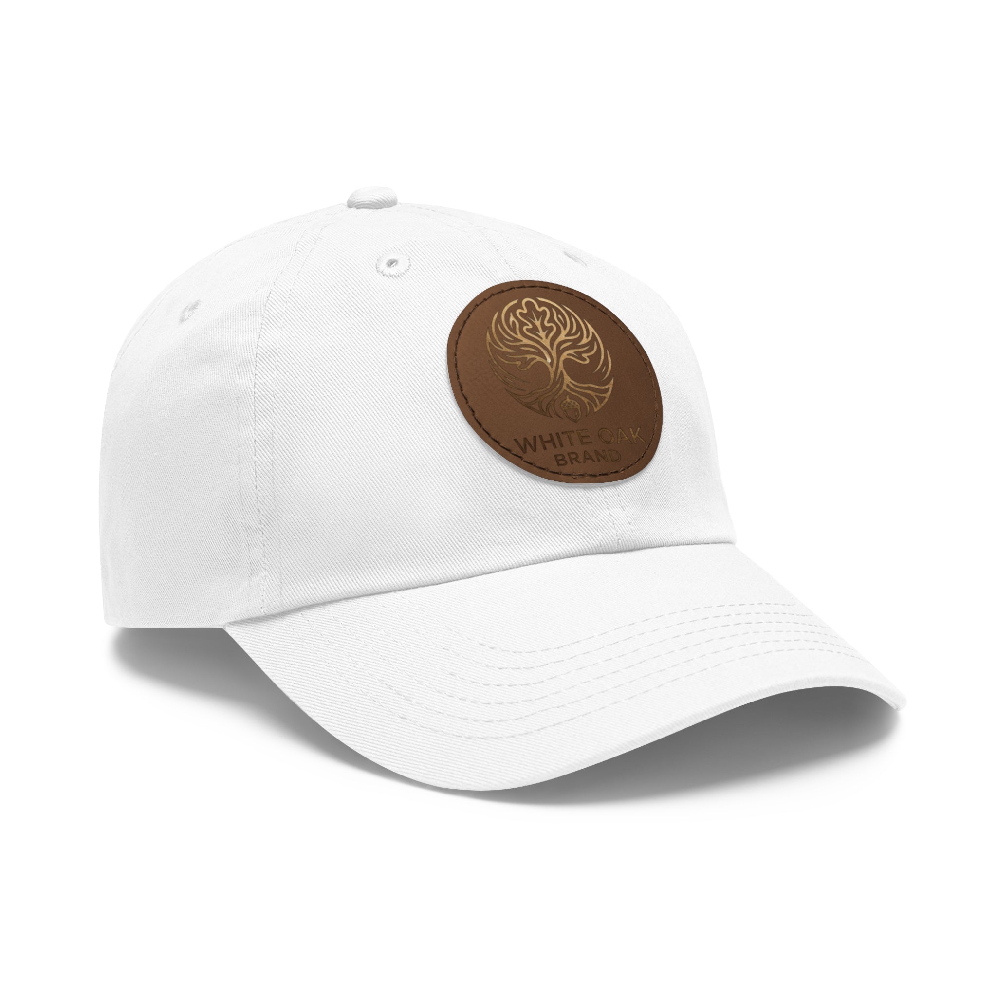 White Oak Leather Patch Dad Hat — Embossed Tree Logo Cap
