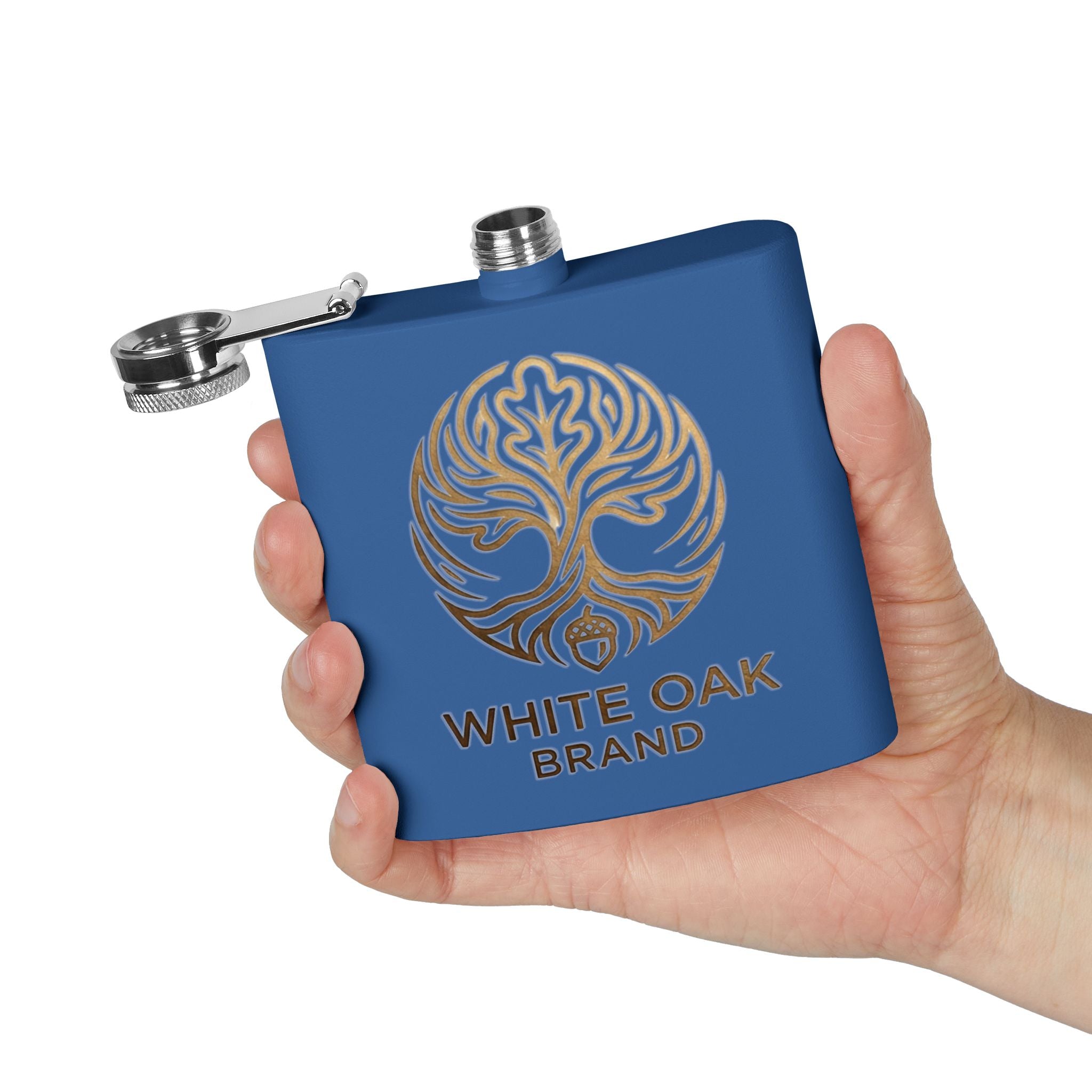 White Oak Brand 6oz Stainless Steel Flask — Engraved Oak Logo Hip Flask, Gift for Groomsmen & Outdoor Enthusiasts