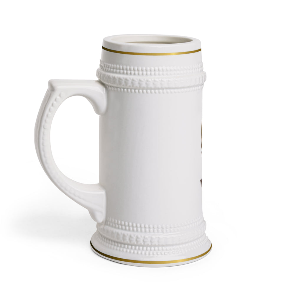 White Oak Brand Ceramic Beer Stein Mug — Gold Accent Logo Pint
