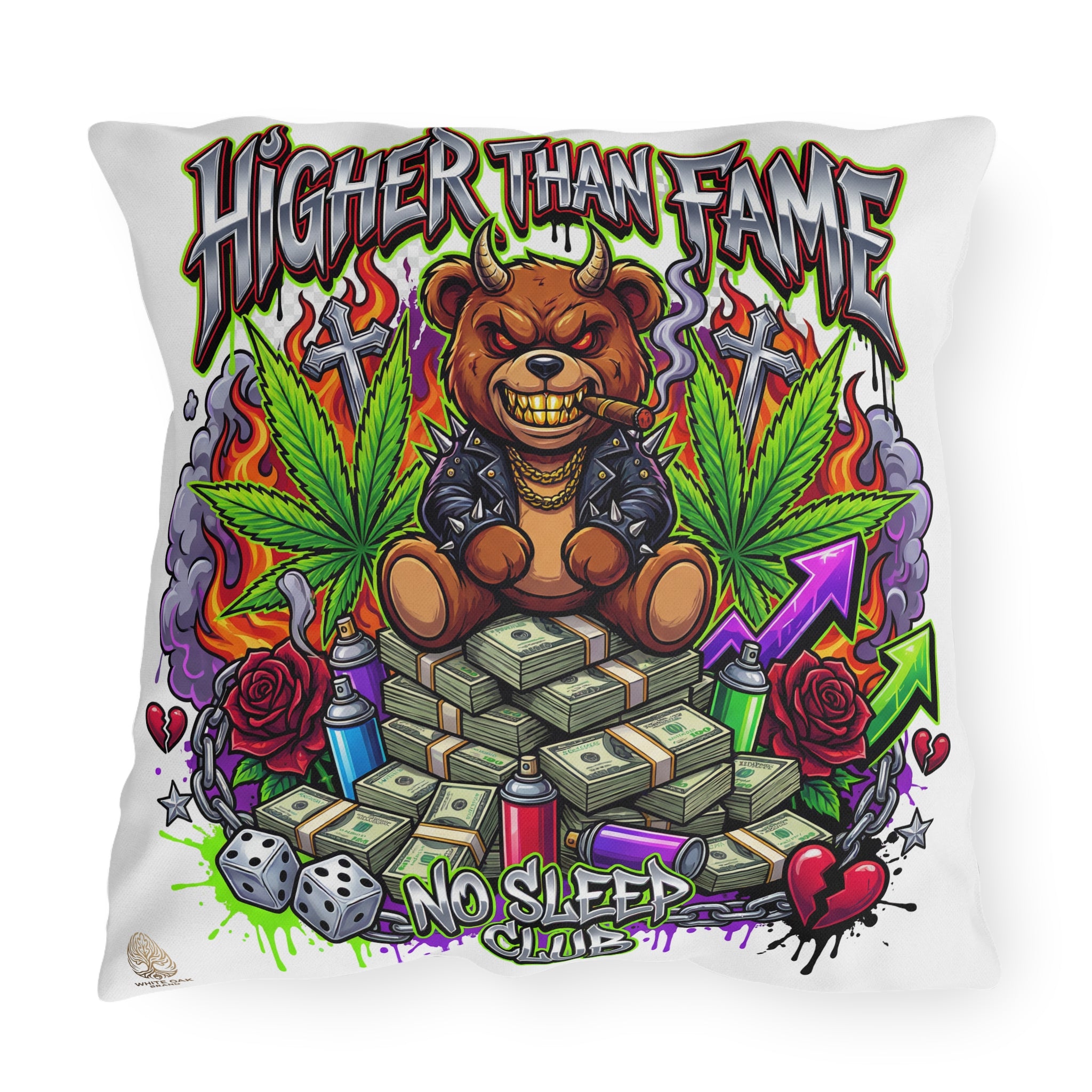 Higher Than Fame Outdoor Pillow — Bear on Money Graphic with "No Sleep Club"