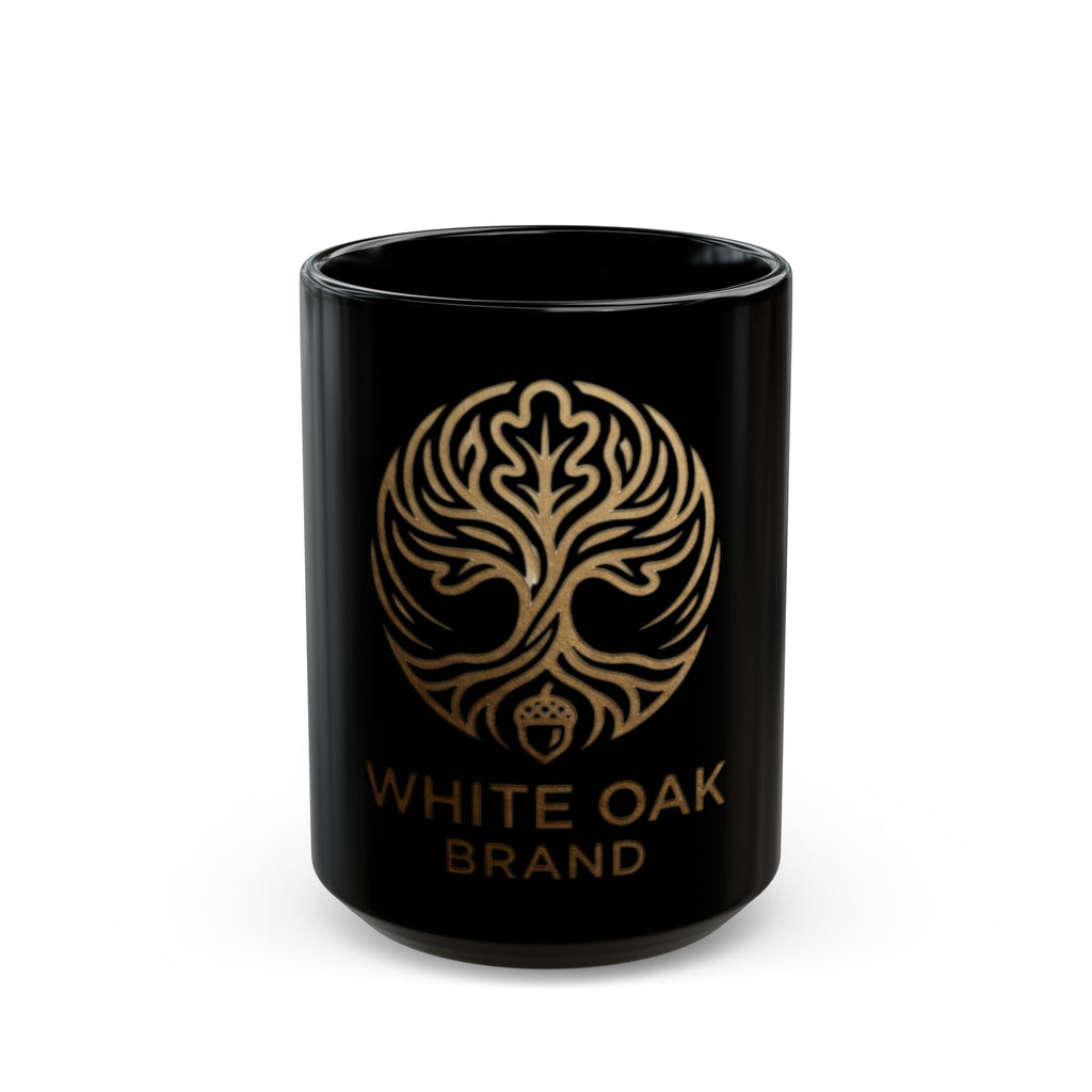White Oak Brand Black Ceramic Mug — Gold Tree Logo Coffee Cup (11oz, 15oz)